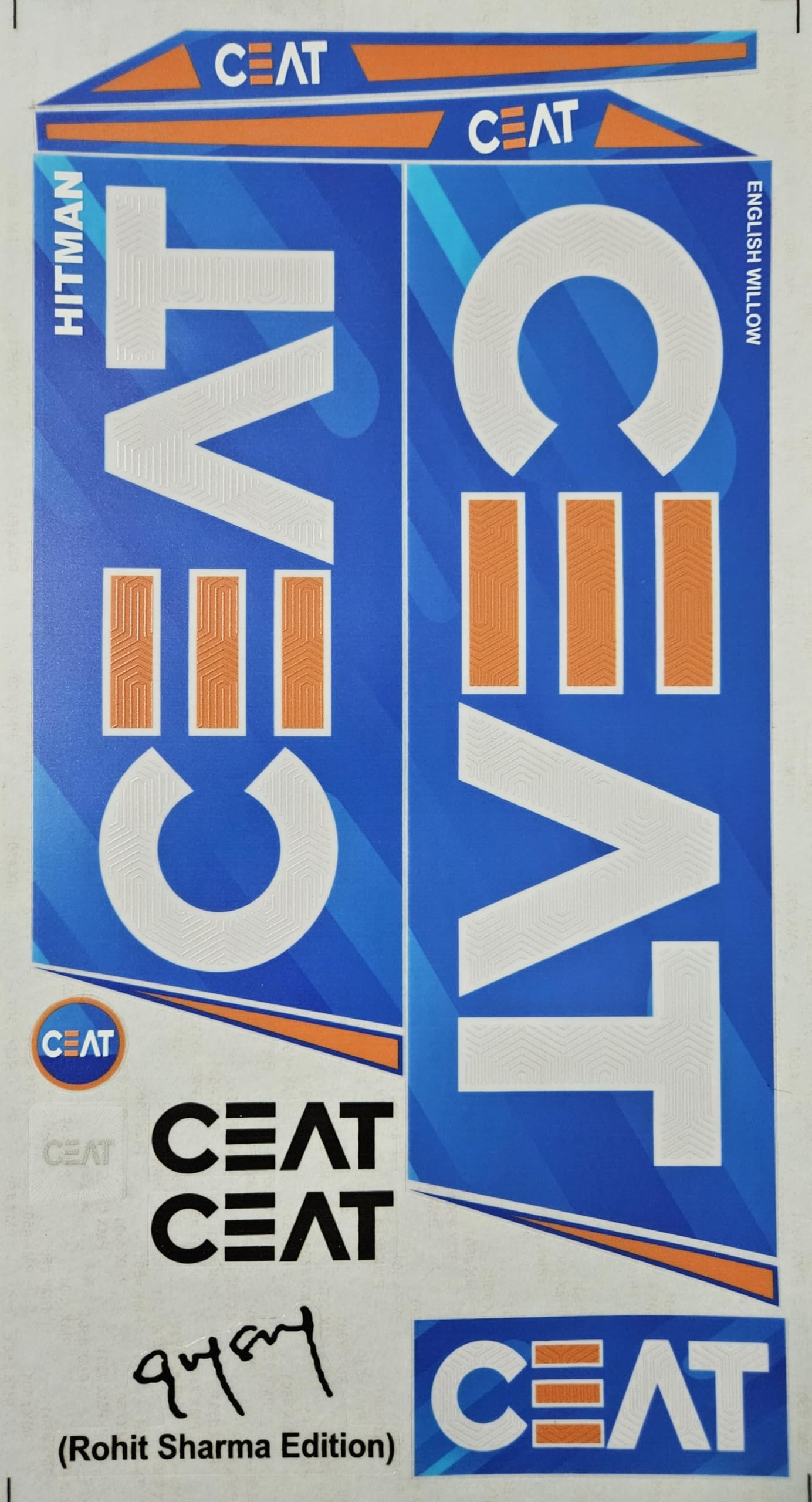 AYN Adesivo per mazza da cricket 4D digitale in rilievo inglese in fibra di salice, accessori sportivi, CEAT Rohit Sharma blu