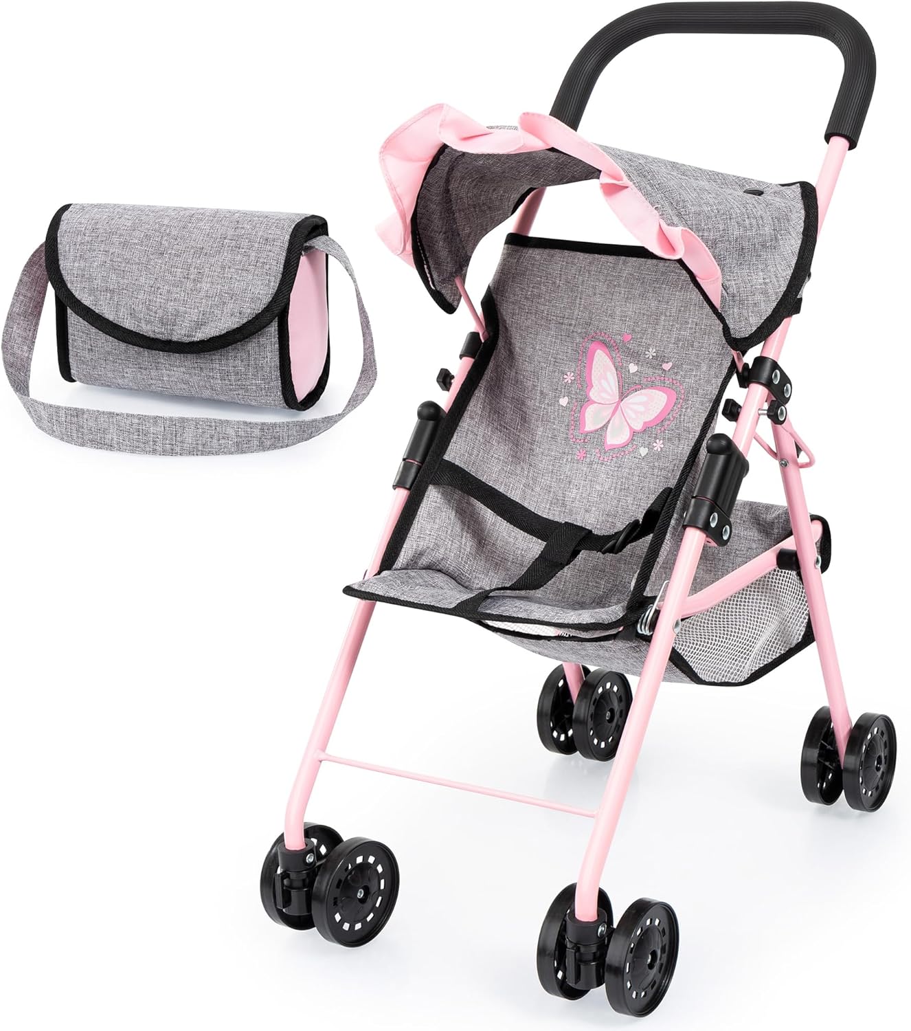 Bayer Doll Stroller and Changing Bag – Foldable Pushchair, Baby Doll Accessories Storage Basket & Safety Belt – Smooth-Rolling Wheels for 40cm Dolls