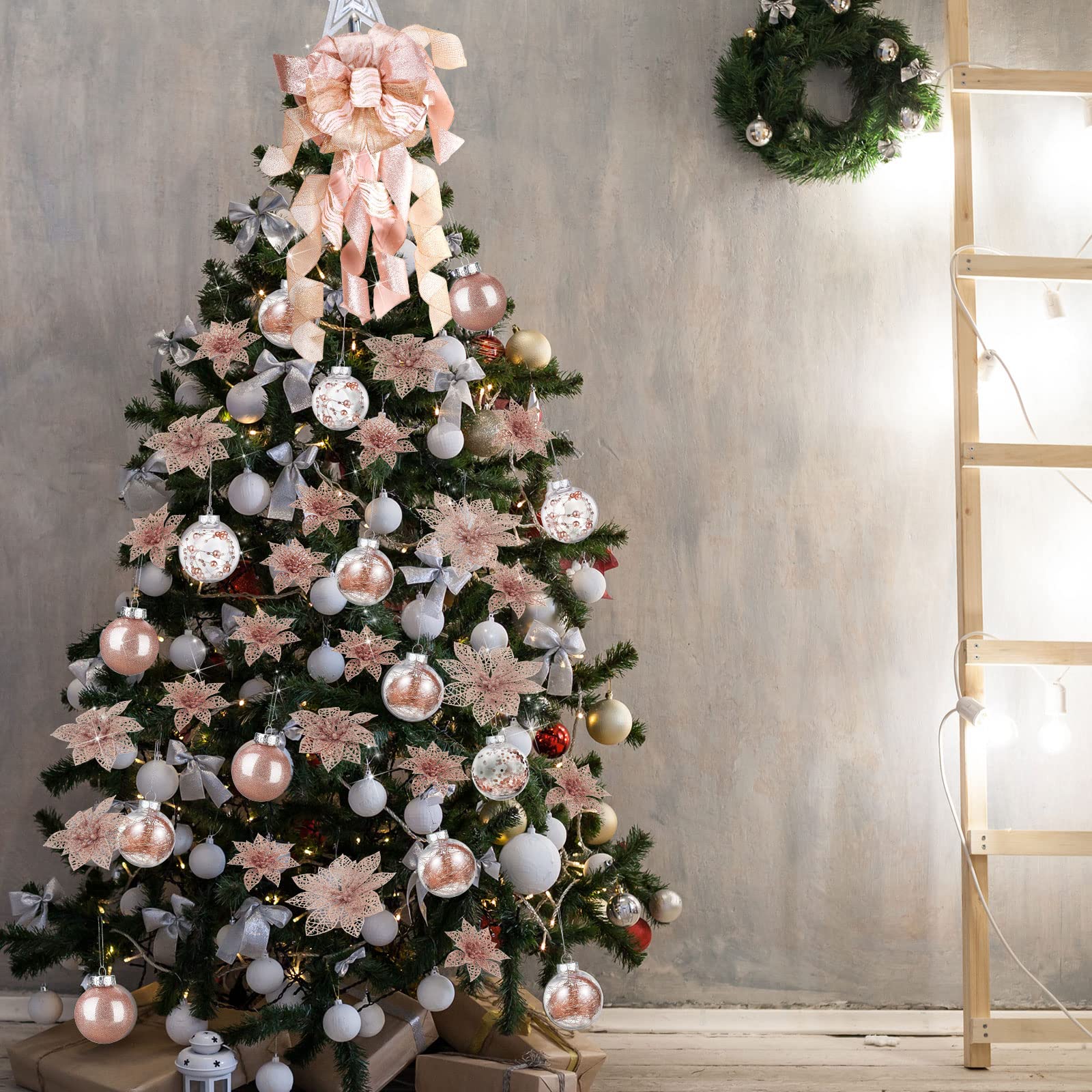 49 Pièces Set de Décoration de Sapin de Noël 24 Fausses Fleurs de Poinsettia de Noël à Paillettes Nœud Topper d’Arbre de Noël 24 Boules de Noël 2,36 Pouces pour Noël Nouvel an (Or Rose)