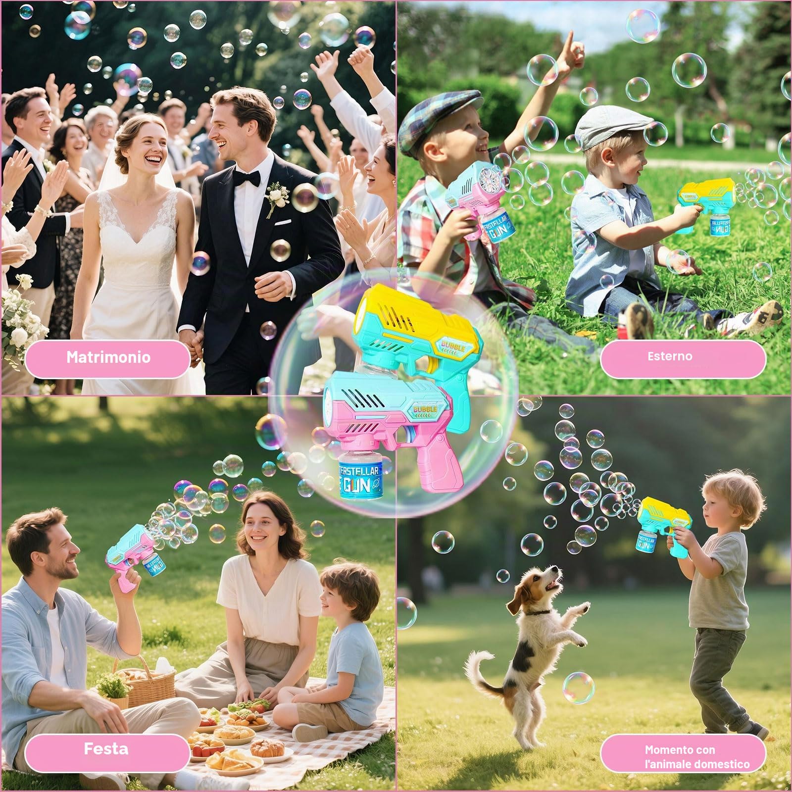 Pistola Bolle di Sapone, Sparabolle di Sapone - Set da 2 Pezzi - 20 Confezioni di Liquido per Bolle, Design a Colori con Giunzioni, con Luce LED, Completamente Automatico