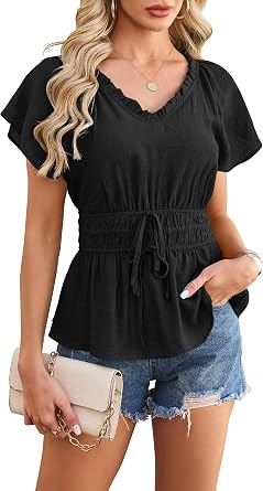 ECOWISH Peplum Tops for Women 2026 Summer Casual Short Sleeve Blouse Dressy V Neck Cinched Waist Work Shirts