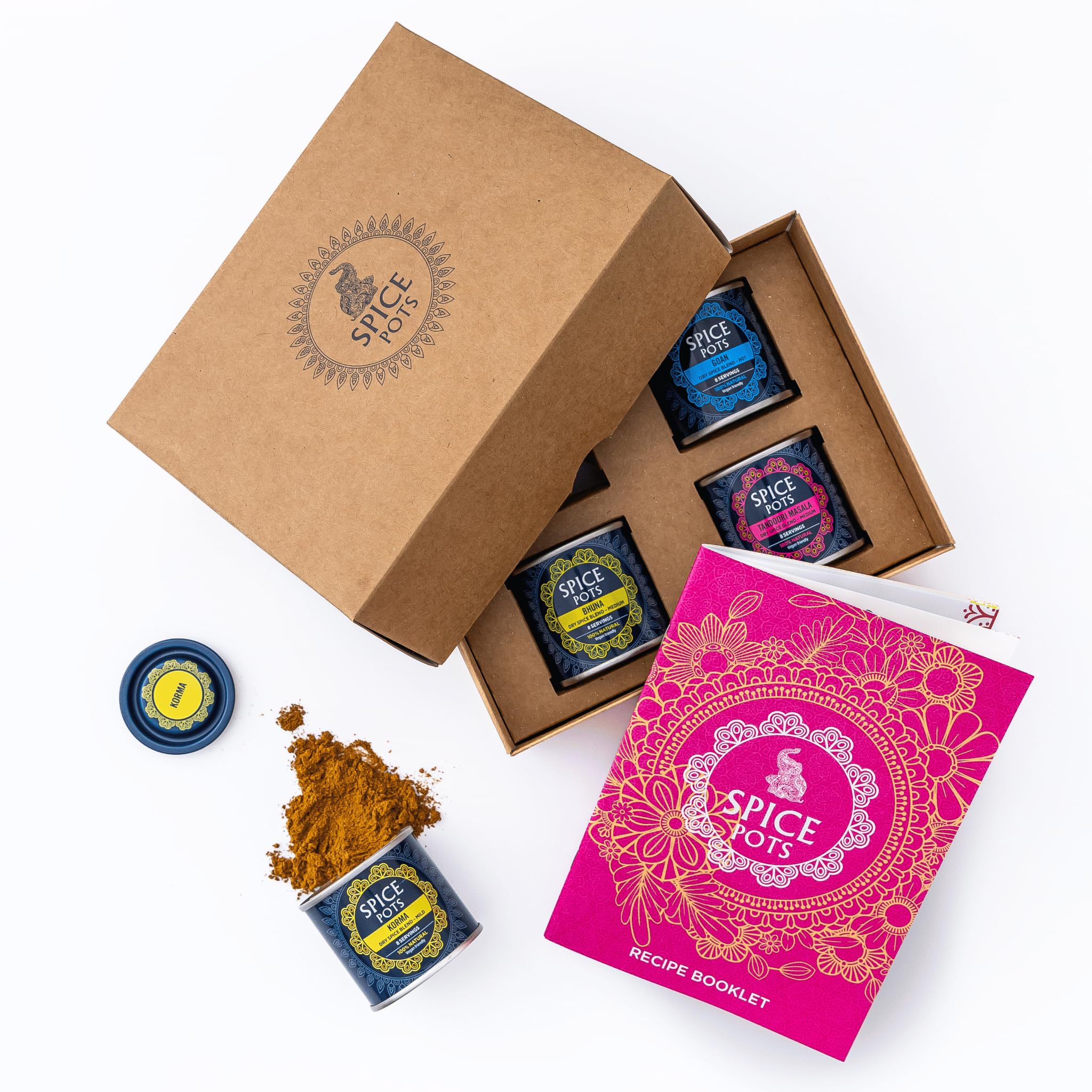 Curry Making Gift Set – 4 x 40g Indian Spice Blends (Korma, Bhuna, Goan, Tandoori) with Cookbook – Vegetarian Curry Powder Kit – Authentic Indian Spices – Food Gifts for Men & Women