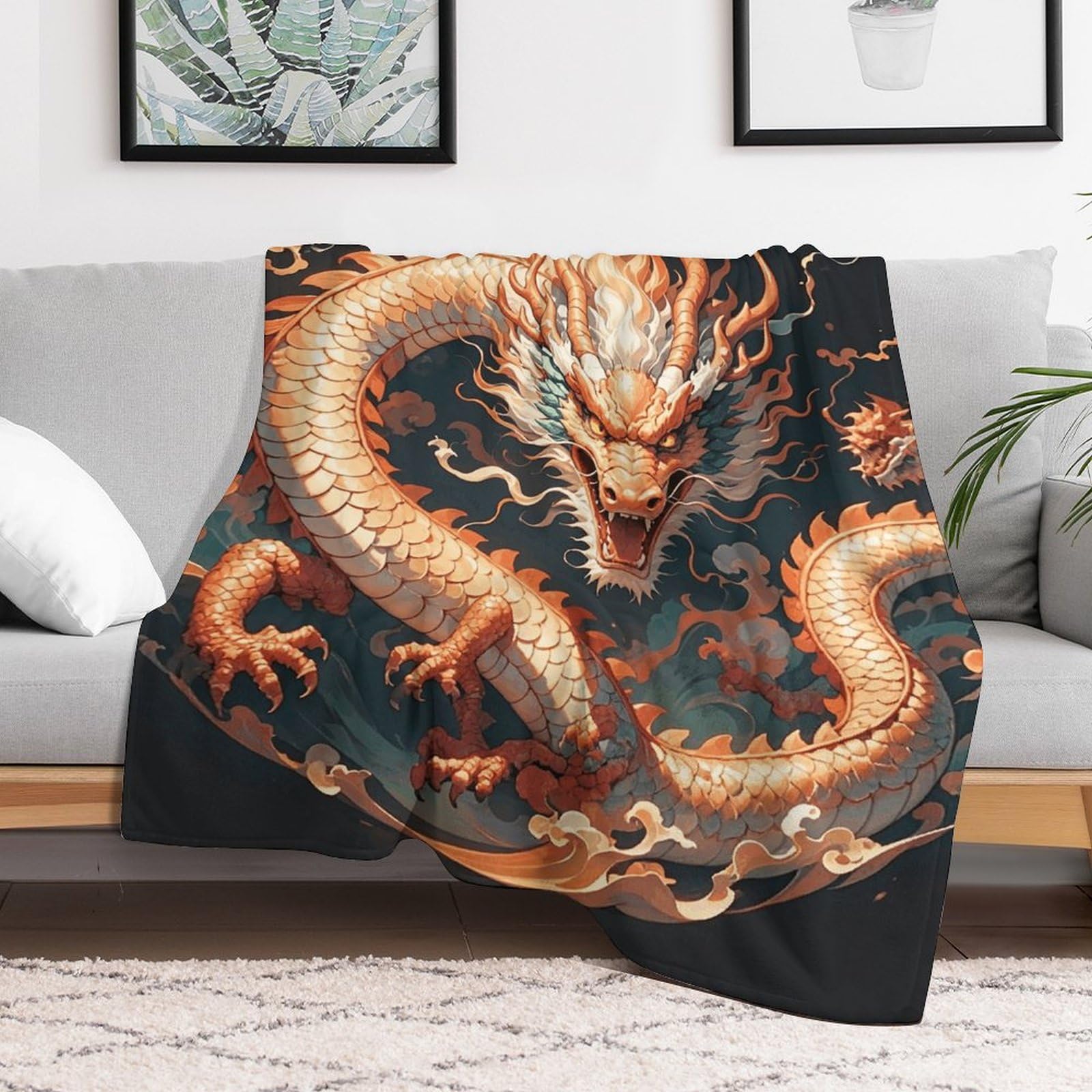 Couverture dragon en micro polaire 152x203 cm chaude et légère pour lit et canapé
