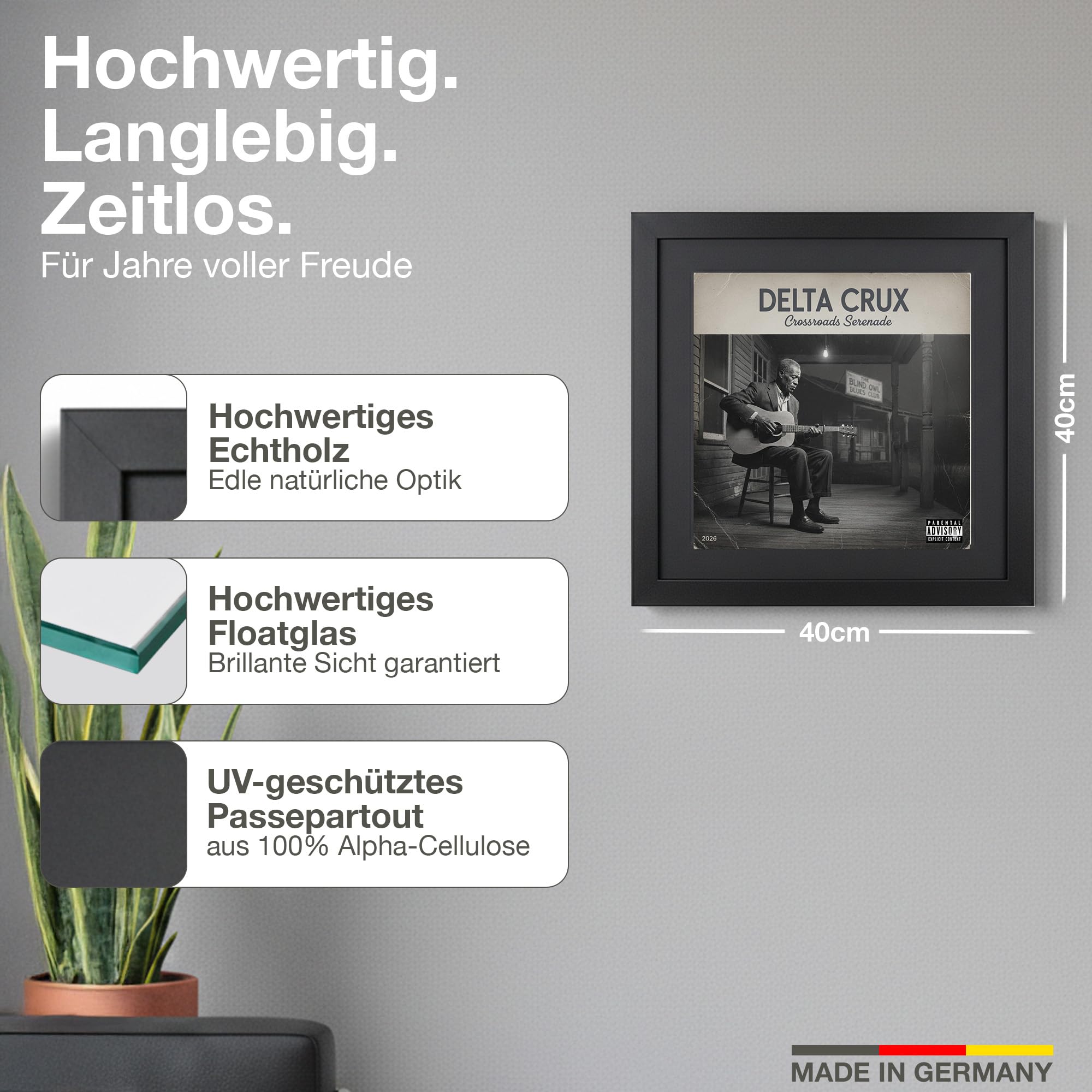 Schallplatten Rahmen Schwarz 40x40cm mit schwarzem Passepartout - Made in Germany - Vinylrahmen aus Echtholz für das Cover - UV-geschütztes Passepartout aus 100% Alpha-Zellulose