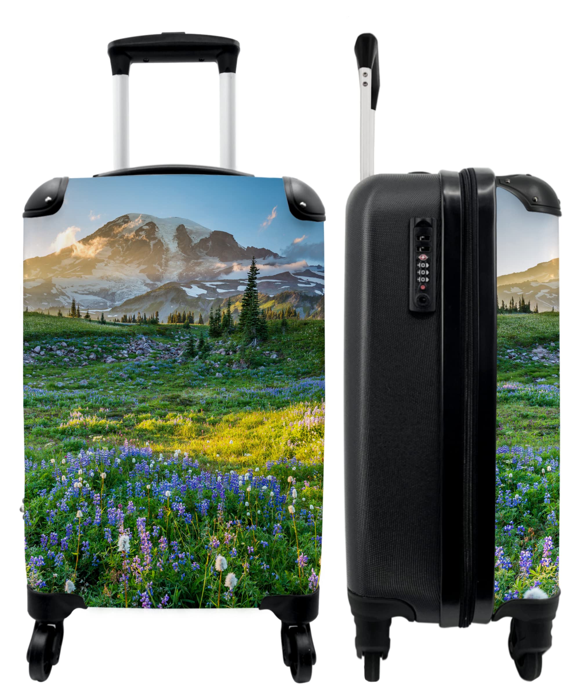 NoBoringSuitcases© Valigia a mano | Trolley per cabina, leggero, 4 ruote, motivo paesaggio di montagna, lucchetto a combinazione, resistente ai raggi UV,