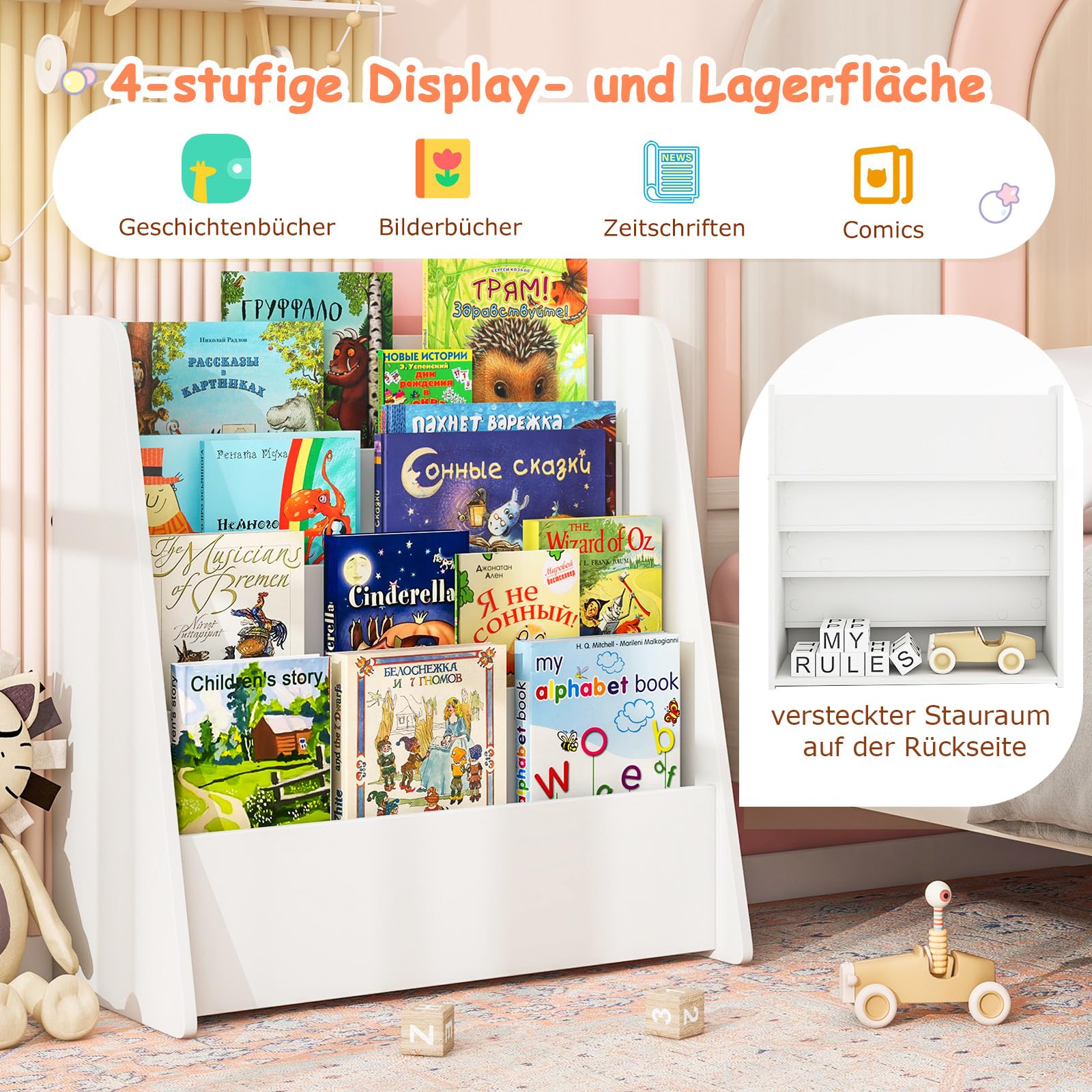 COSTWAY Kinderregal mit 4 Fächern, Bücherregal für Kinder, Zeitungsständer, Aufbewahrungsregal für Kinderzimmer, Spielzimmer, 57,5 x 26,5 x 59 cm (Weiß)