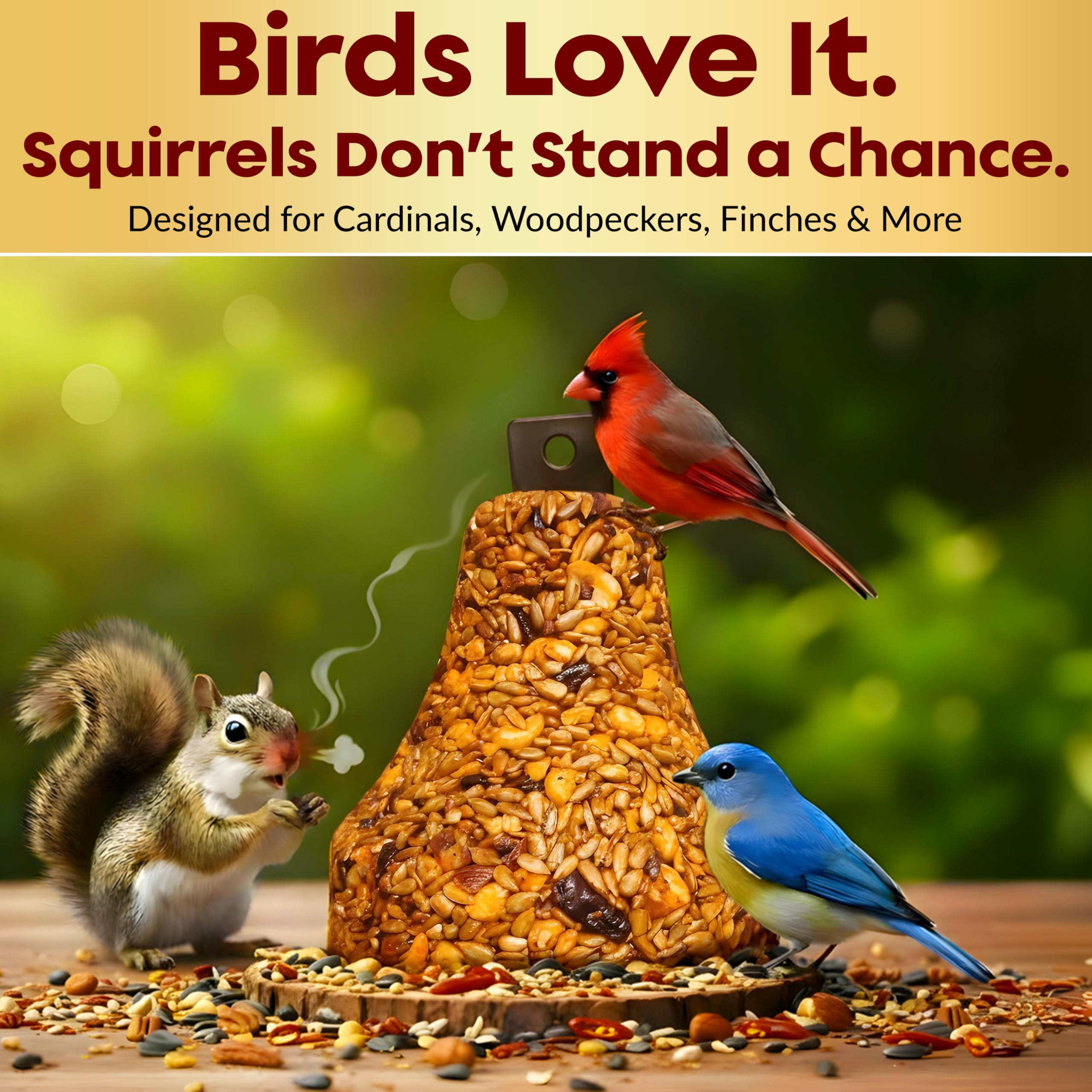 Hot Pepper Bird Seed Bell – Squirrel Proof Spicy Bird Seed Treat – Attracts Cardinals, Woodpeckers, Blue Jays, Chickadees & Songbirds – Long Lasting Hot Birdseed, All Natural, No Filler – USA Made - Additional View