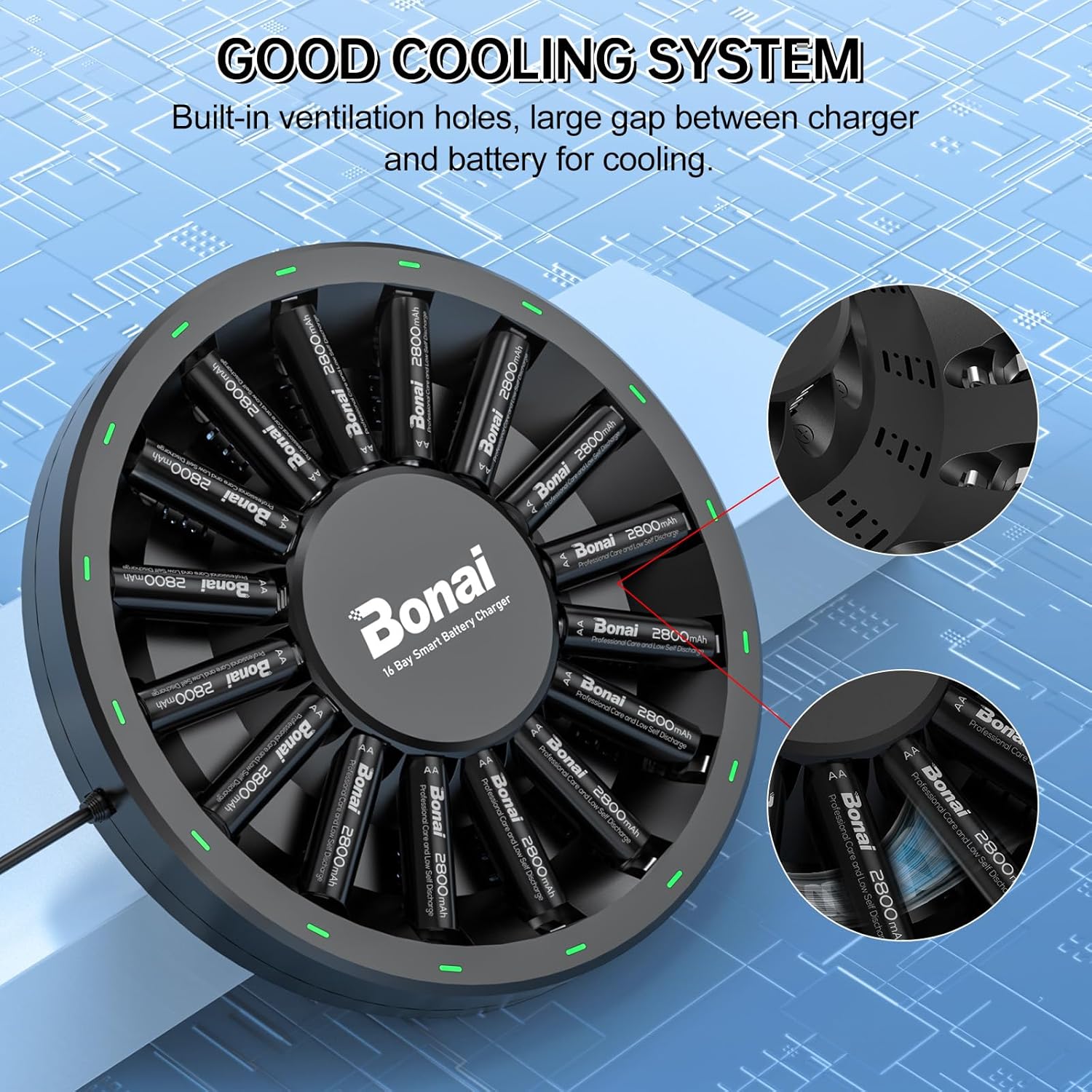 BONAI AA Rechargeable Batteries 16 Pack with 16 Slot Smart Battery Charger, 2800mAh High Capacity Double A Battery with Charging Station for AA AAA NiMH Batteries-Safety Protection