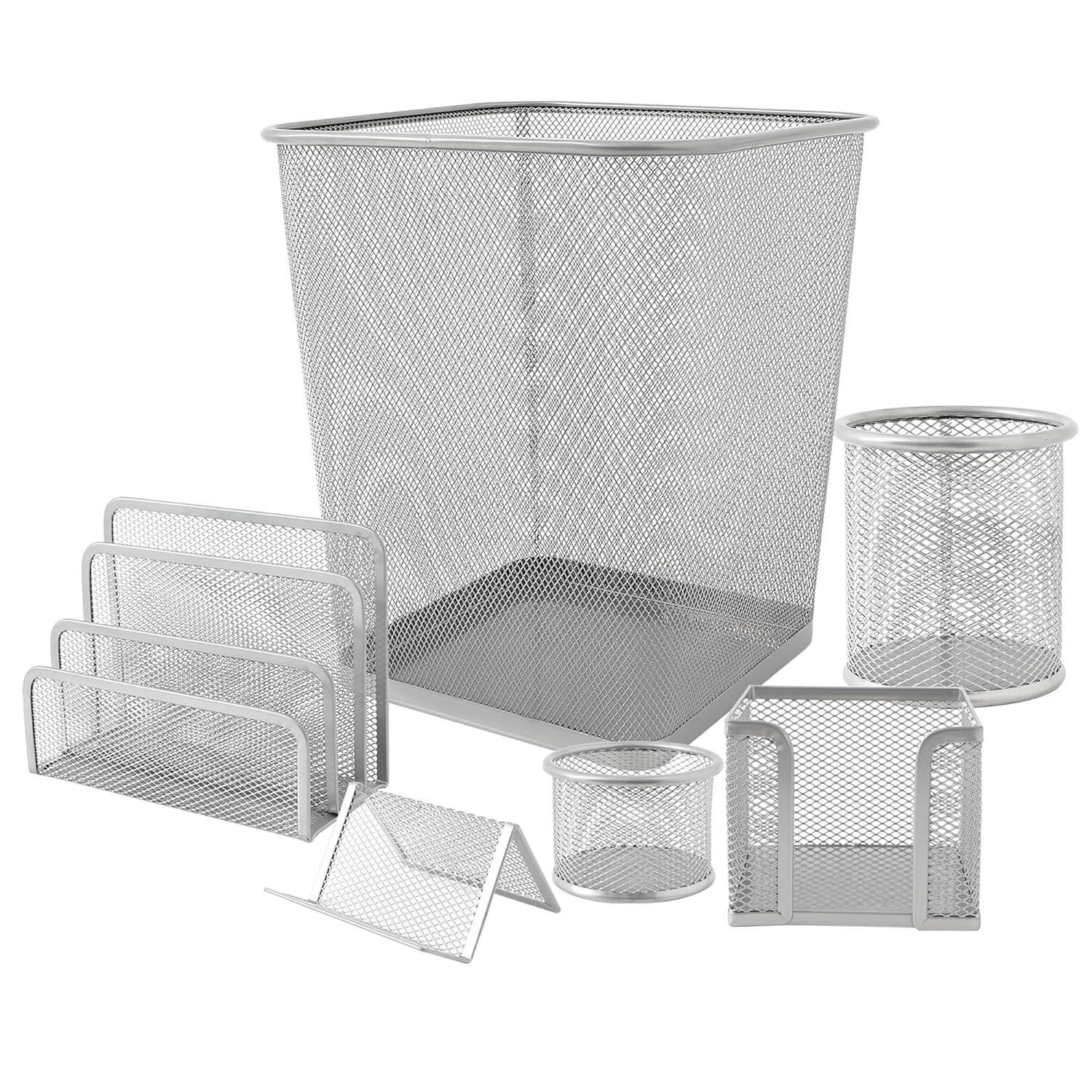 Kuber Industries Zestaw 6 szt. siatkowy metalowy organizer na biurko, książki, pamiętniki, teczki, uchwyt na długopisy i spinacze do papieru, mini pojemnik na śmieci i wizytówki, stojak na gazety