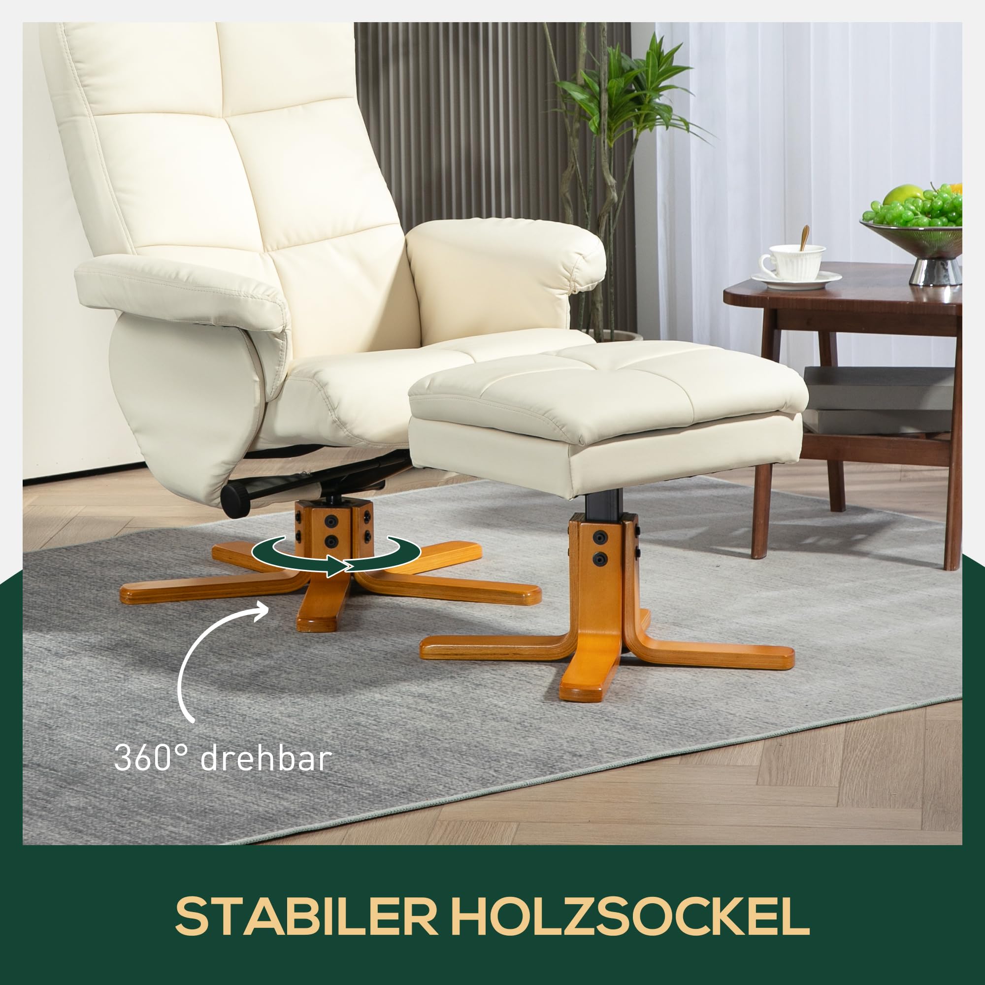 HOMCOM Relaxsessel mit Hocker, 360°drehbarer Fernsehsessel mit Liegefunktion Lesesessel für Schlafzimmer, Wohnzimmer, Kunstleder, Cremeweiß