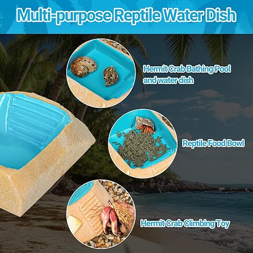 REPTIZOO Hermit Crab Water Bowl with Climbing Ramp, Resin Hermit Crab Water Food Dish and Bathing Pool Beach Style Reptile Ramp Bow Basking Platform for Turtles, Lizard, Frog, Gecko