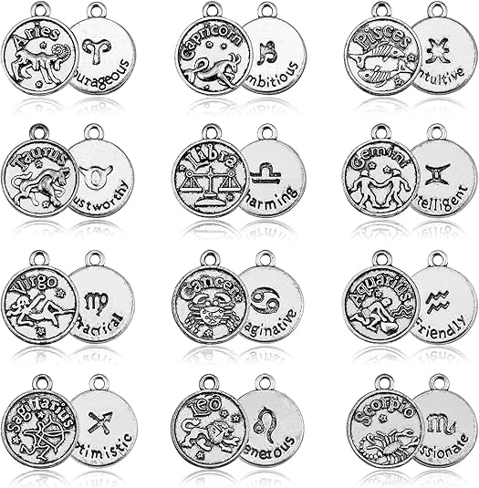 DIY Zodiac Charm Set, 96 Count 8 Sets Antique Tibetan Silver Round Zodiac Sign Charms Constellation Pendants for Necklace Bracelet Jewelry Making and Crafting