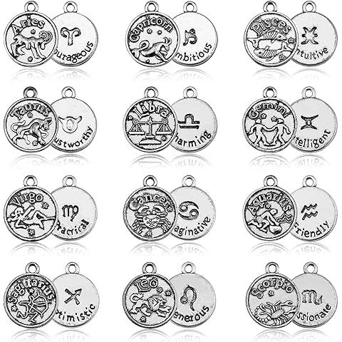JIALEEY DIY Zodiac Charm Set, 96 Count 8 Sets Antique Tibetan Silver Round Zodiac Sign Charms Constellation Pendants for Necklace Bracelet Jewelry Making and Crafting