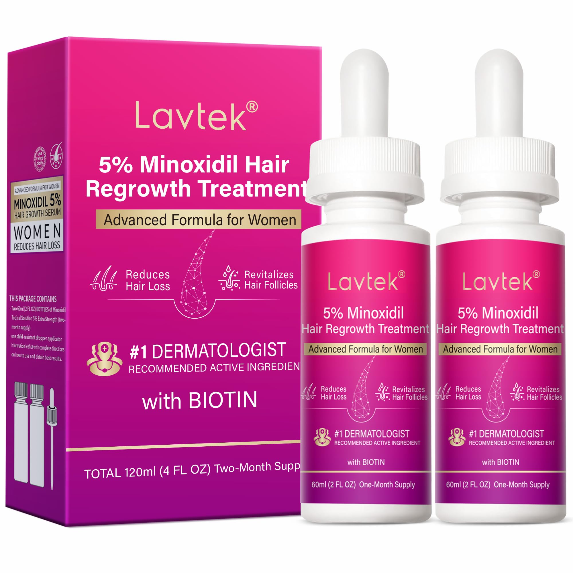 5% Minoxidil Hair Growth Women, Minoxidil for Women Hair Growth Serum with Biotin & Castor Oil, Helps Reduce Hair Loss & Thinning, Strengthens Roots, 60ml x 2 Bottles 2 Fl Oz (Pack of 2)