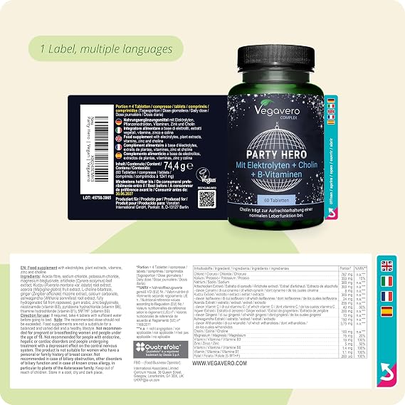 Vegavero Party Hero | Natural Recovery Supplement | 60 Tablets | Electrolyte and Vitamin Rebound | Choline Bitartrate Liver Protection* | Vegan