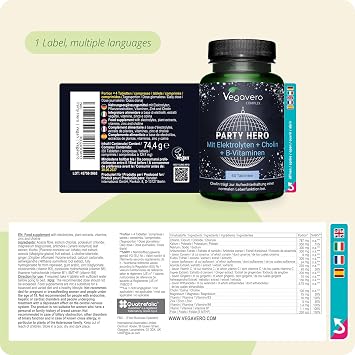 Vegavero Party Hero | Natural Recovery Supplement | 60 Tablets | Electrolyte and Vitamin Rebound | Choline Bitartrate Liver Protection* | Vegan