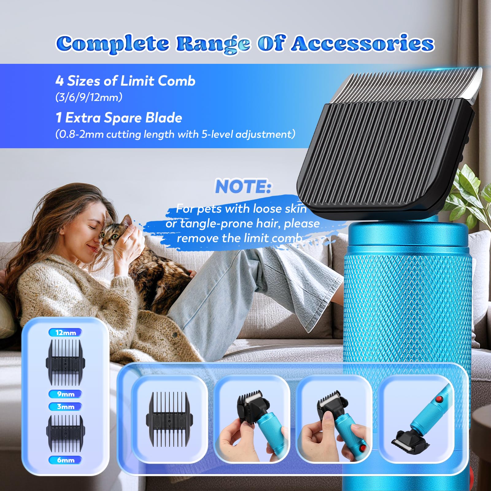 Moongiantgo Tosatrice per Cani Professionale da 300W, Controllo della Velocità 2000-6000RPM, Lame in Ceramica Rimovibili, Rasoio per Cani con 1 Lama Extra & 2 Pettini (Blu)