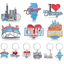 Highergo 12 Pcs Chicago Metal Souvenirs Gift 6 Chicago Metal Fridge for Refrigerator 6 Keychains USA Fridge Magnet Magnetic Stickers Keyring Travel Gifts for Women Men