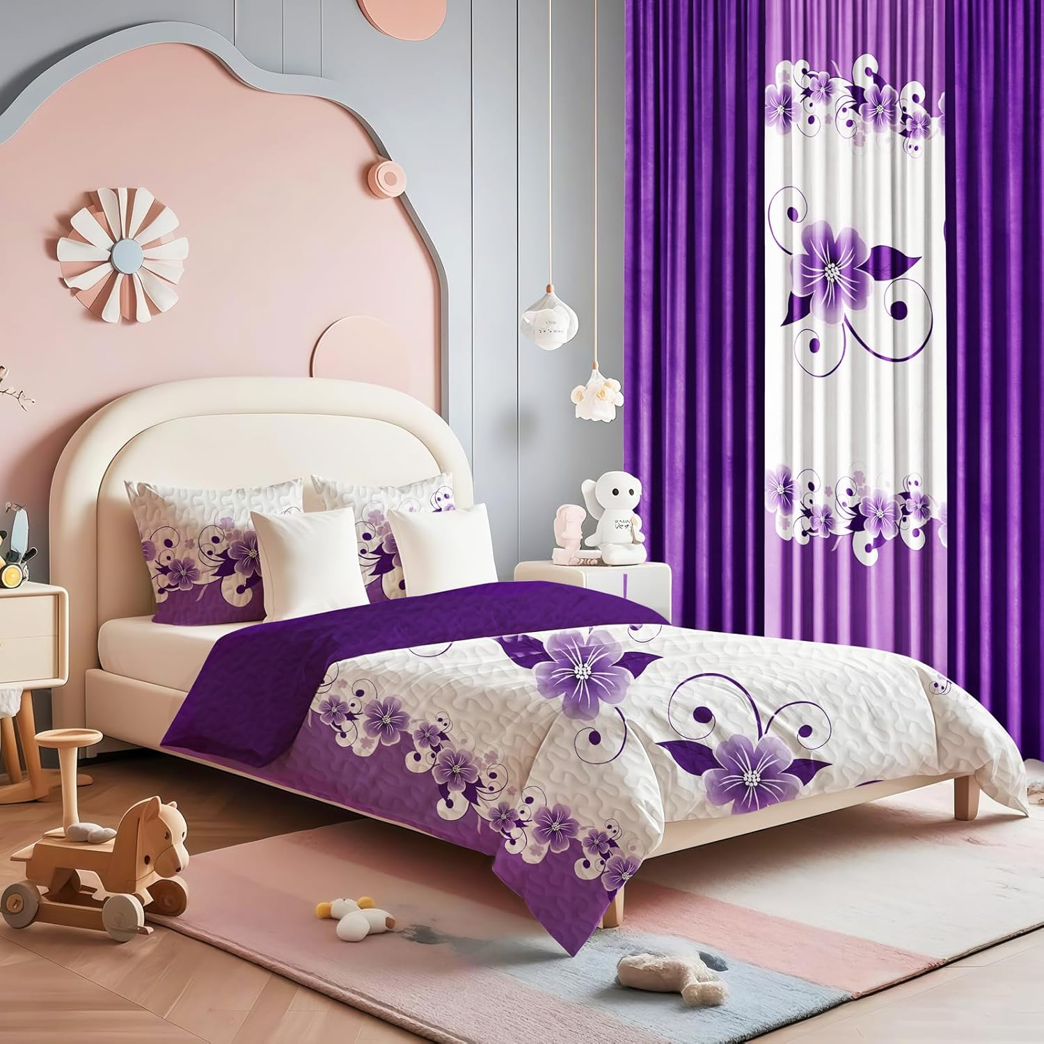 CozyCreatures Vintage Boho Purple White Floral Queen Comforter Set, 9-Piece Bed in a Bag with Curtains, Brushed Microfiber Bedspread Set with Matching Curtains for Master Bedroom, Machine Washable