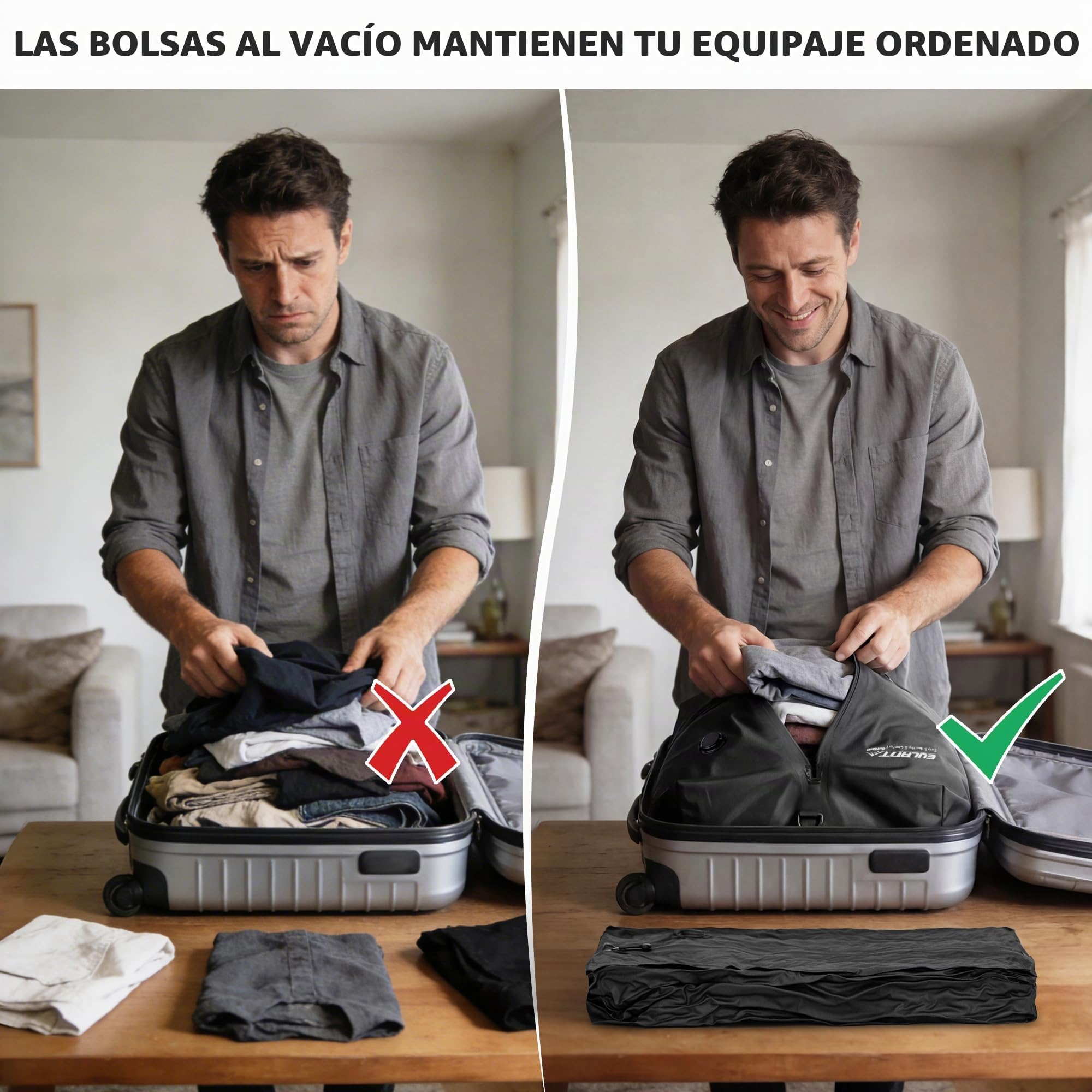 EULANT Bolsas de Vacío Profesionales para Viajes con Bomba, Bolsa de Compresión Reutilizable para Maletas/Mochila, Impermeable Bolsas de Vacio para Ropa con Cremallera Hermética IPX8