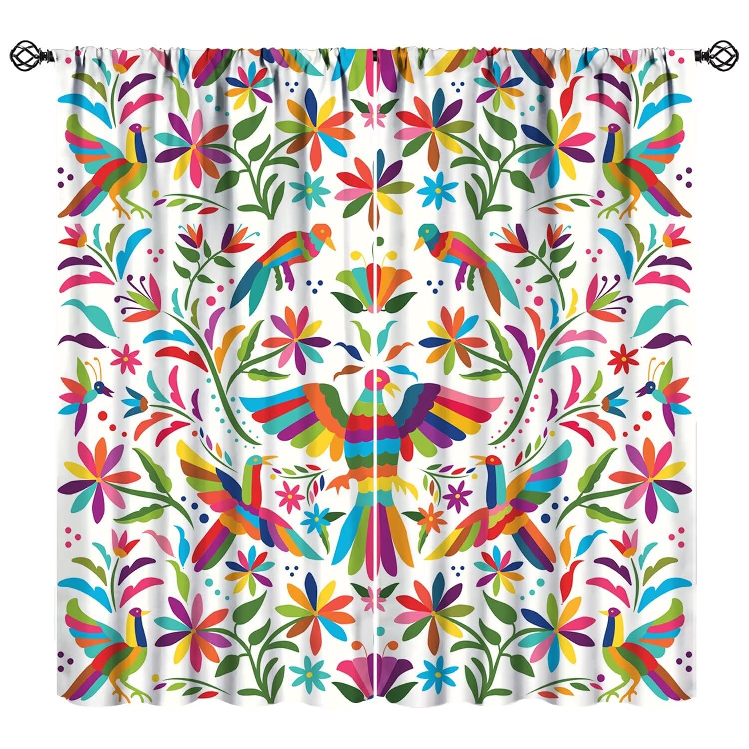 JESTRONRY Mexico Floral Curtain, Traditional Mexican Bluebird Otomi Style Paisley Flowers Ethnic Window Treatments for Bedroom Living Room Curtain 55x63 Inch Blackout
