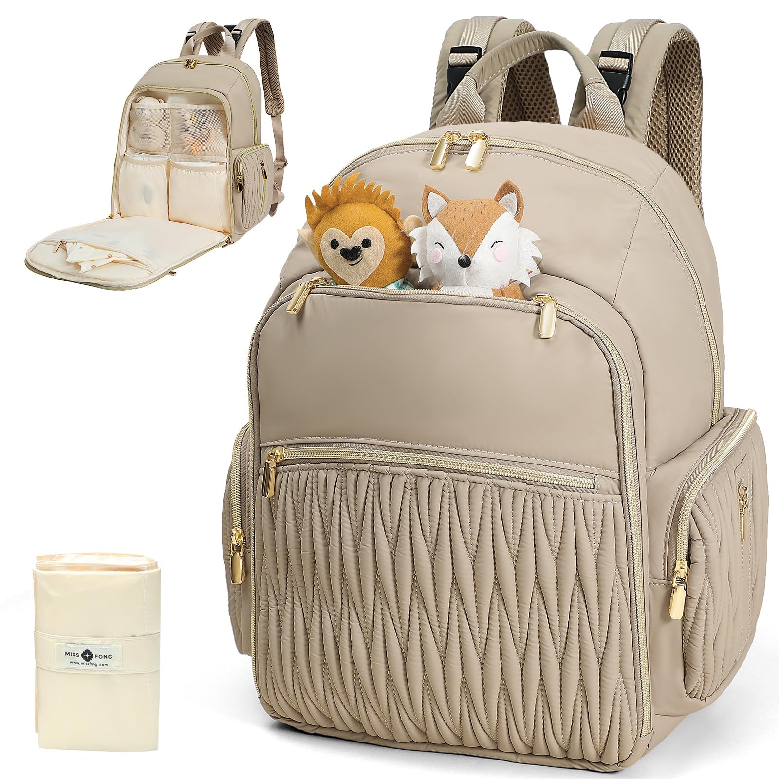 Miss Fong Diaper Bag Backpack - Quilted Travel Baby Bag with Changing Pad, 16 Pockets, Waterproof, Large Capacity - Mommy Backpack for Baby Shower