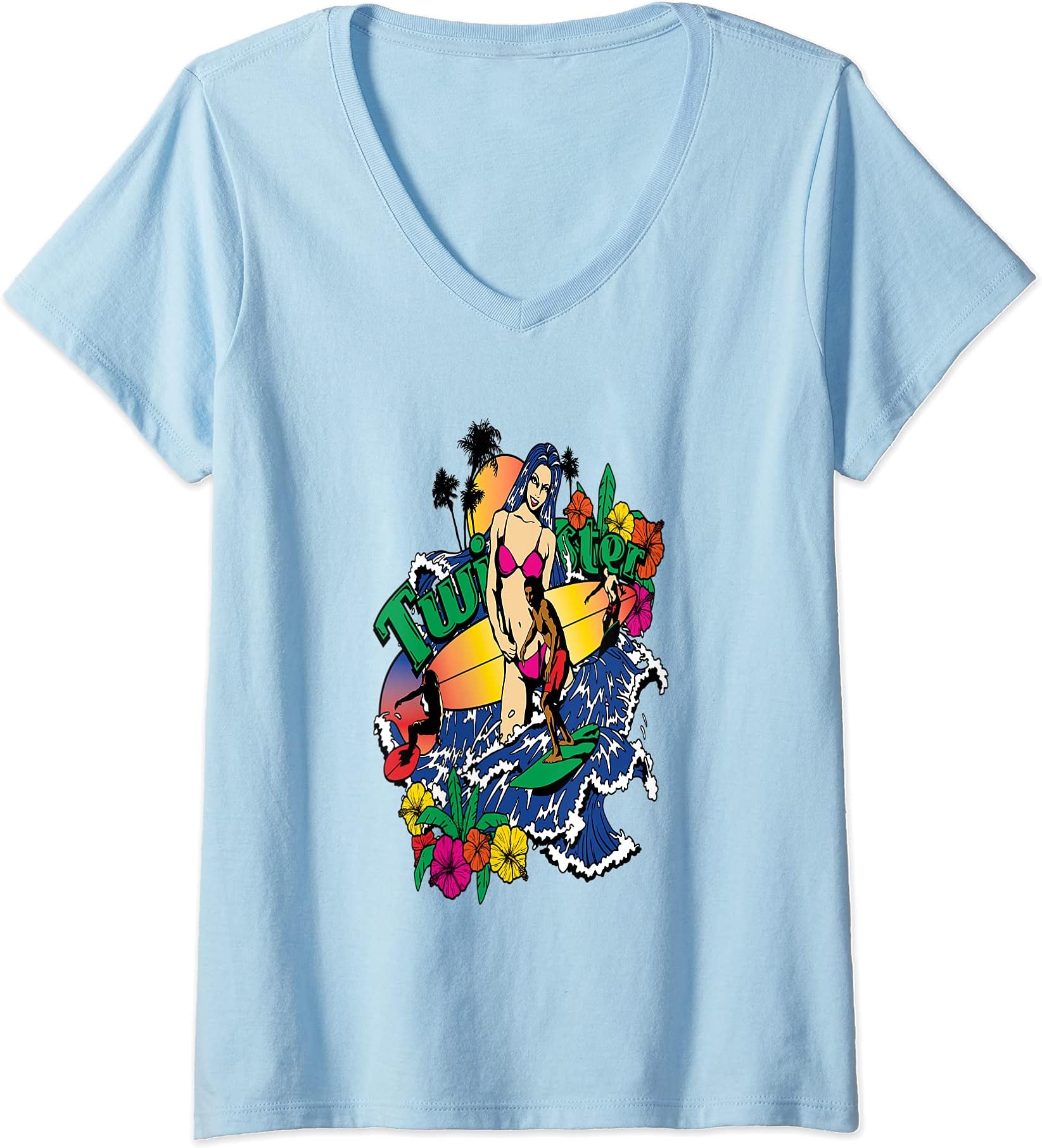 Womens Twister Surfer Mikini Woman Vacation Getaway V-Neck T-Shirt