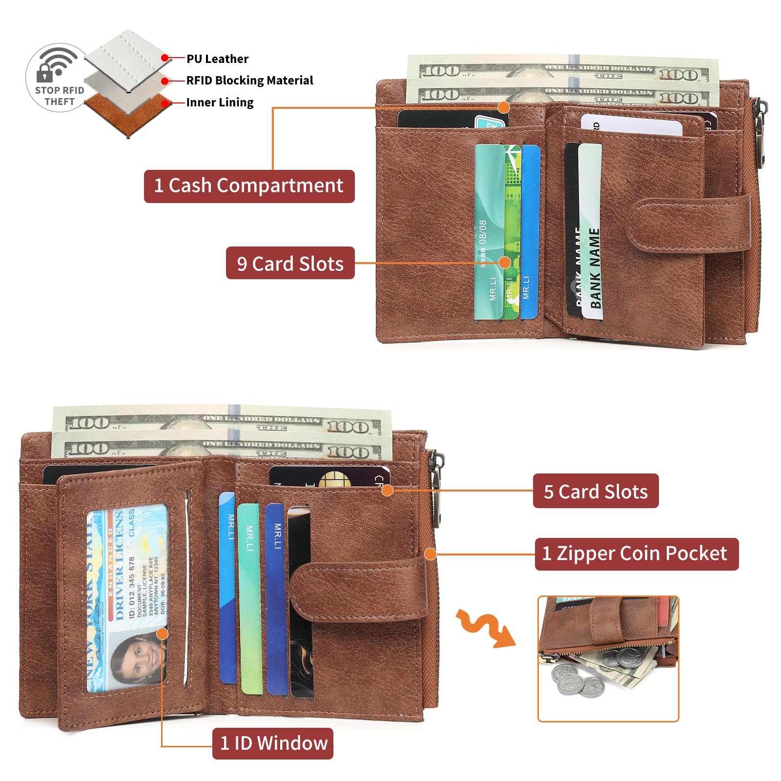 GAEKEAO Portefeuille Femme Petit Format Cuir Porte-Monnaie avec Blocage RFID Portefeuilles et Porte-Cartes Grande Capacité Zippé Pochette à Monnaie Cadeau Femme Wallet