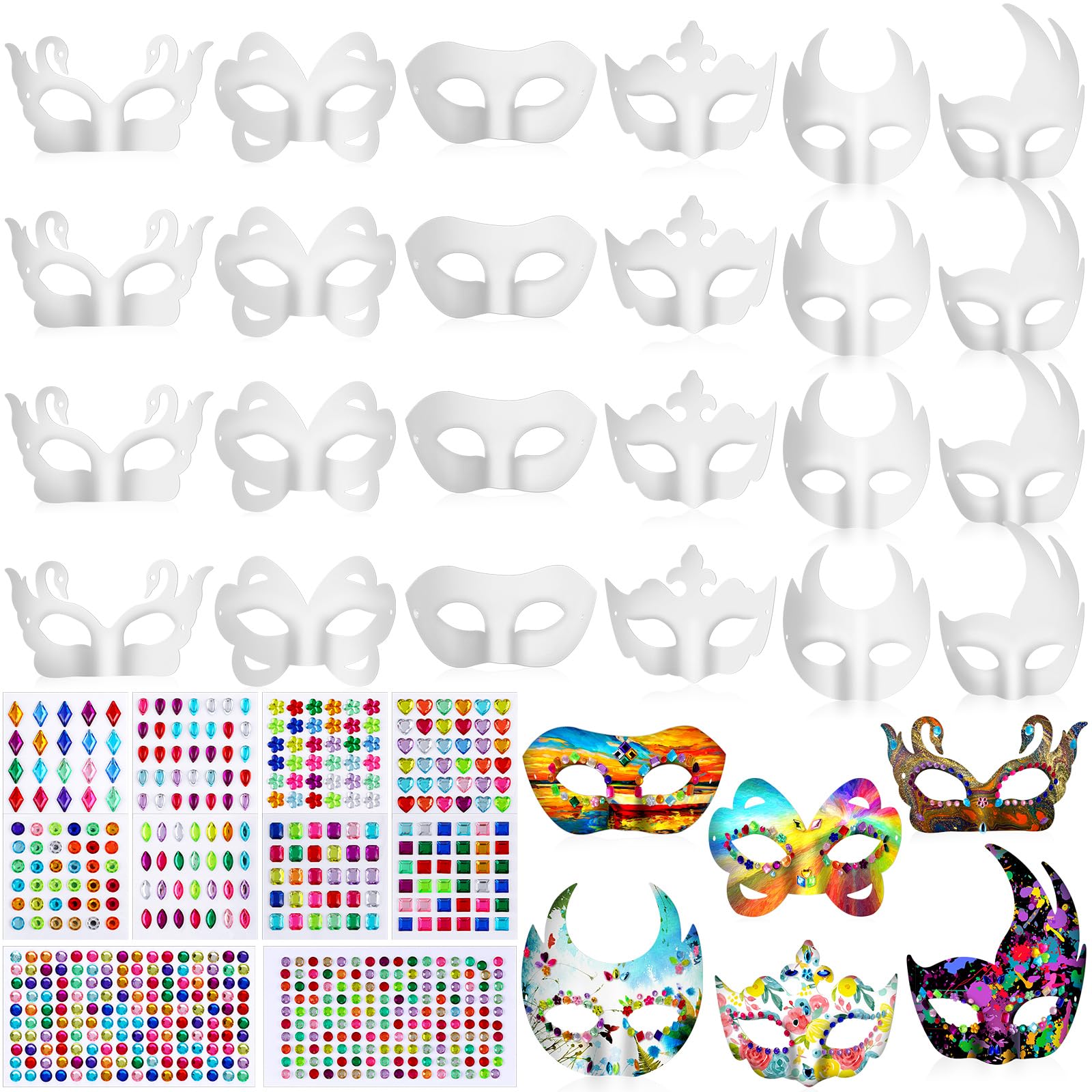Leyndo 24 Pcs Paper Mache Art Masks,1154 Pcs Gem Stickers Self Adhesive Jewels Half Face White Craft Masks DIY for Halloween Cosplay