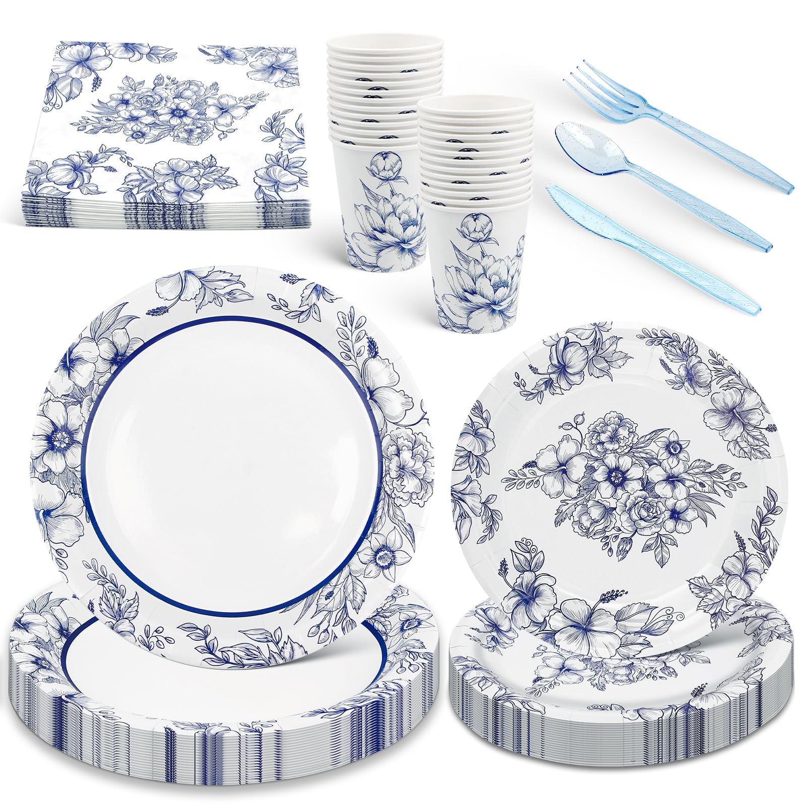 NALACAL Floral Blue White Party Supplies Set, Blue White Paper Plates, Disposable Decorations, Floral Blue White Cups, Knives, Forks, Spoons, Serves 24(168Pcs)