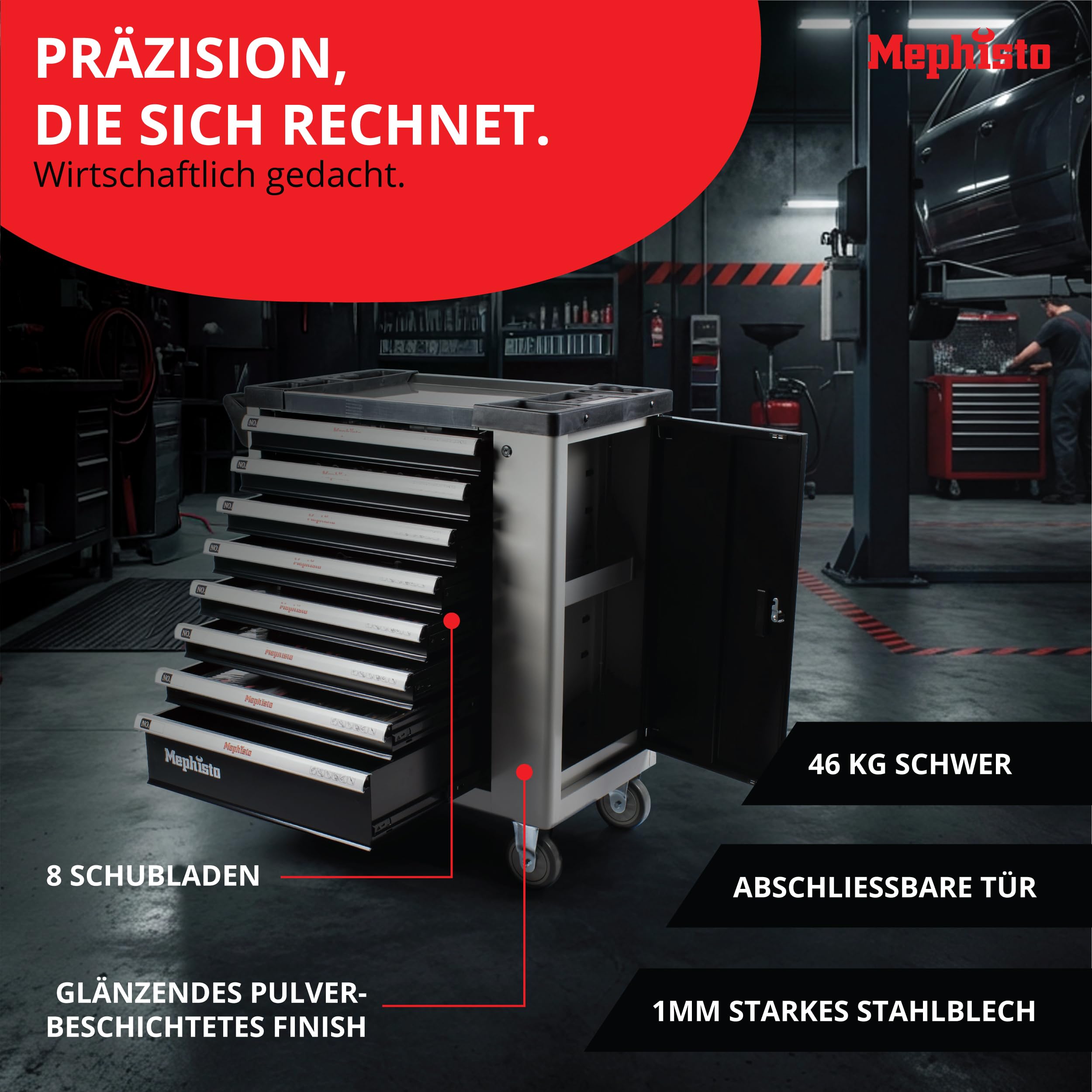 Mephisto Premium Werkzeugwagen Werkstattwagen mit Edelstahlablage und 8 Schubladen ohne Werkzeug Inhalt