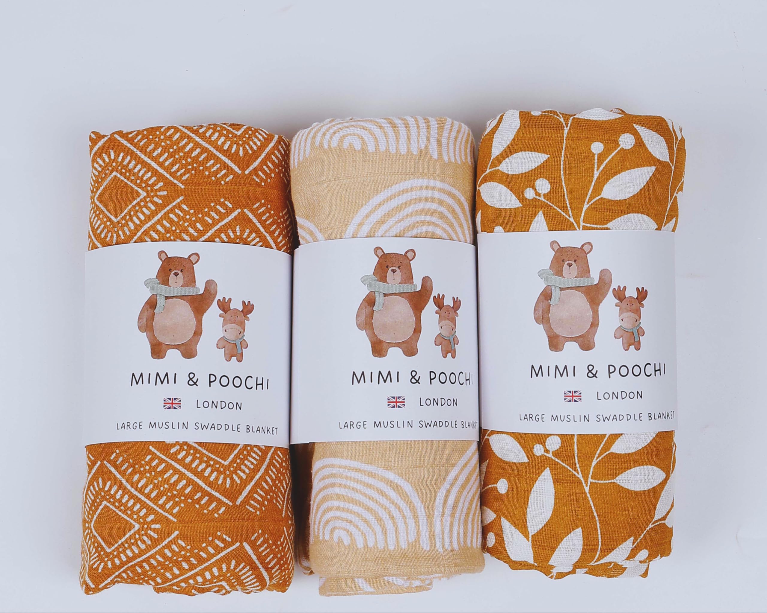 Mimi & Poochi 100% Cotton Swaddle Blanket - Soft, Breathable & Absorbent - Large (120x110cm) - Pack of 3 - Unisex - Patterned