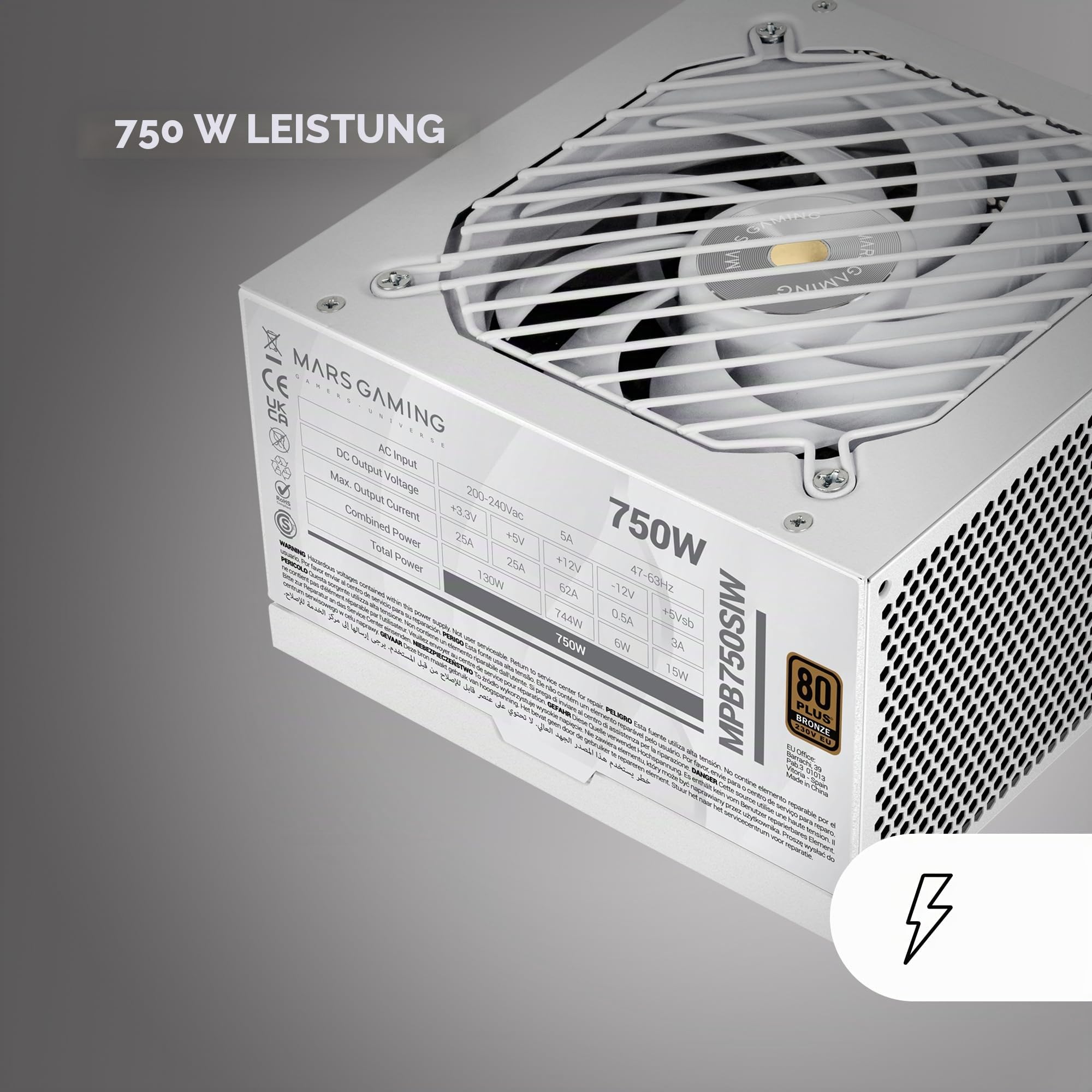 MARSGAMING MPB750SI, PC-ATX-Netzteil 750W, 7 Jahre Garantie, 80Plus Bronze 230V, 90% Effizienz, SI Extreme Silence Lüfter mit Kupferkern, AI2-RPM-, DC-DC- und SMD-Technologien, Weiß