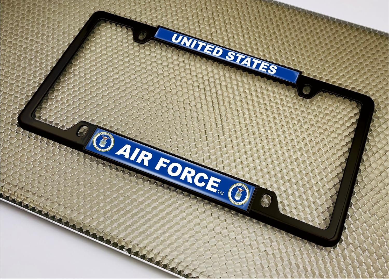 [Officially Licensed Product] - United States Air Force, USAF - Domed Custom-Made Personalized Narrow (Thin) Top 4 Hole Metal Car License Plate Frame with Free caps - Black (Quantity: 1 Frame)