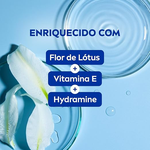 Gráfico informativo mostrando a composição com Flor de Lótus, Vitamina E e Hydramine