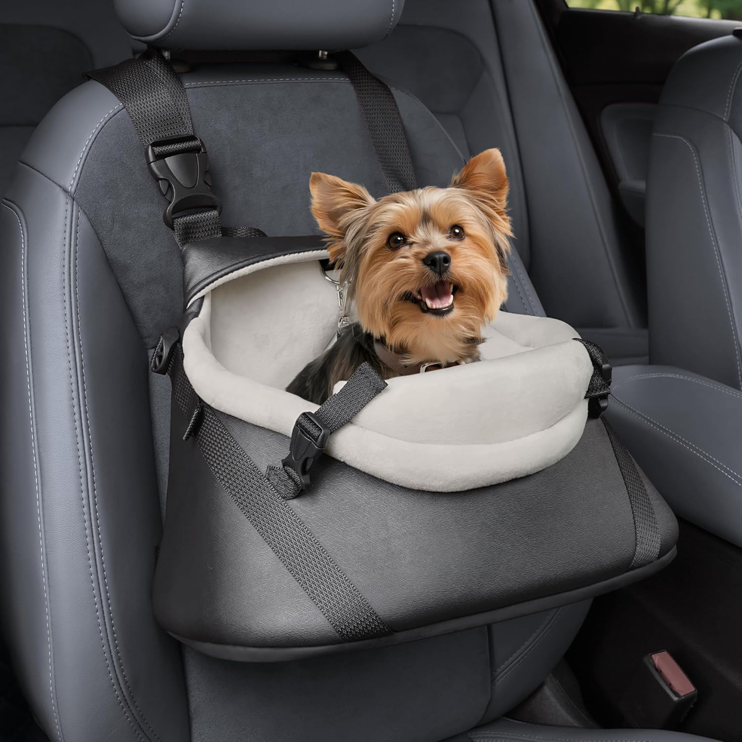 WOYYHO Small Dog Car Seat Luxury PU Leather Dog Booster Seat for Small Dogs Under 8lbs with Safety Belt, Soft Flannel Lining, as Both a Dogs Car Seats and a Carrier, Waterproof, Adjustable Height