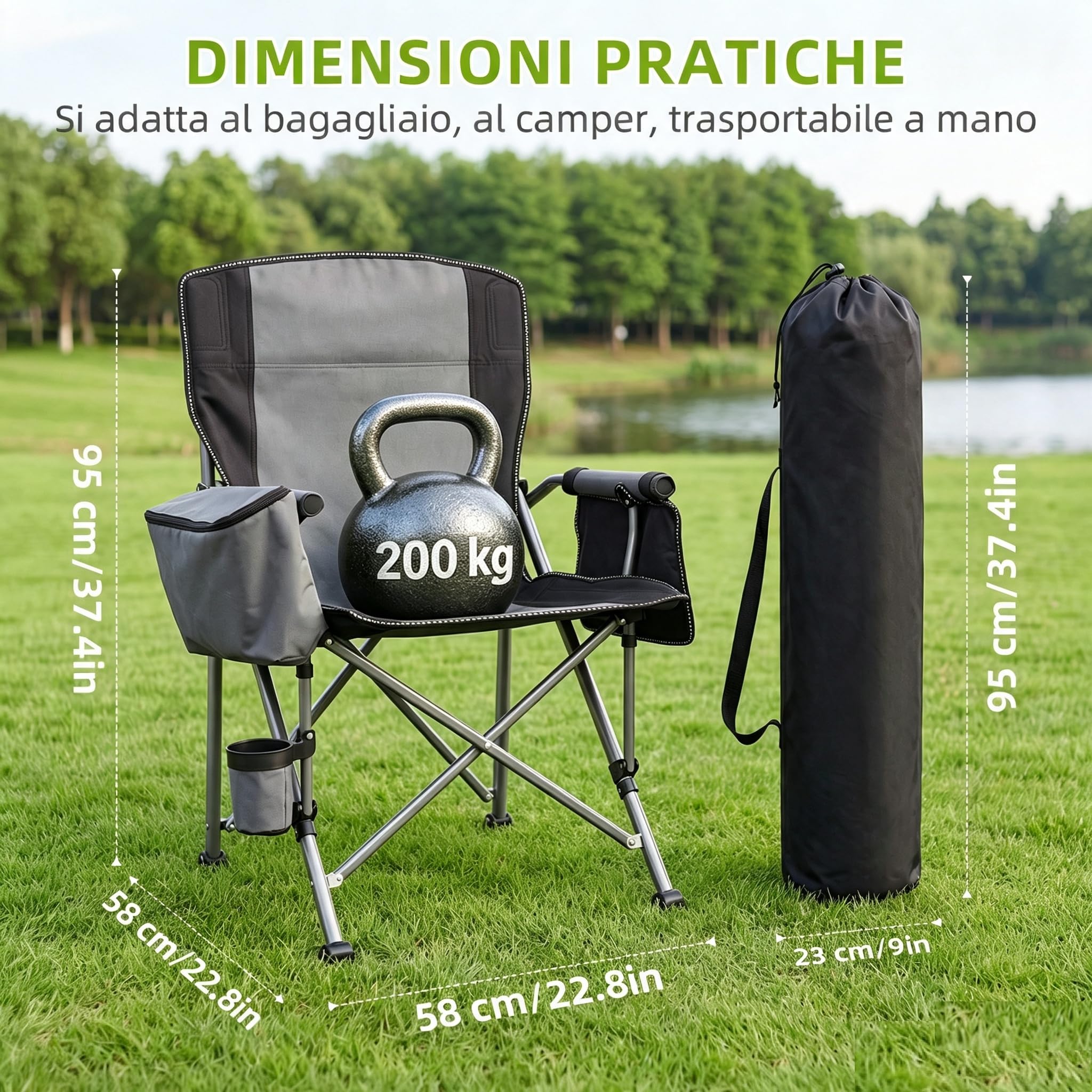 Sedia da campeggio pieghevole, 200 kg, XXL, con schienale alto, comoda sedia da campeggio con portabicchieri, borsa per ghiaccio, leggera, per campeggio, escursionismo, spiaggia, Set di 1