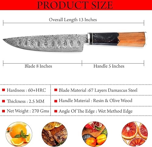 Miniatura 2 de Damascus Chef Knife (Cherry Grain Rose Wood) (Prism Core, 13 Inch) (Pearl Black)