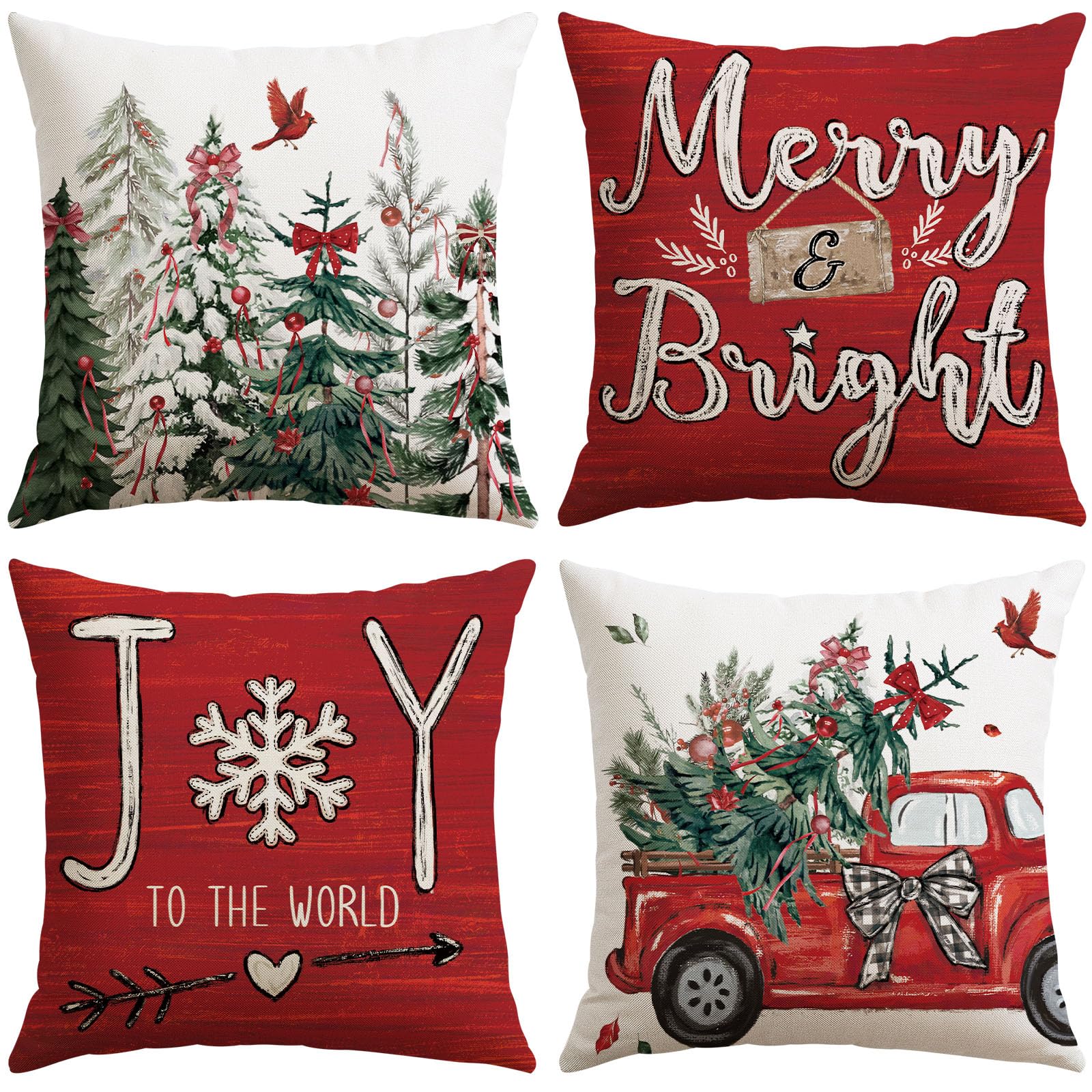 JOTOM Christmas Cushion Covers 40x40 cm Set of 4 Xmas Tree Truck Decorative Red Throw Pillow Covers Sofa Joy Cushion Cases Winter Holiday Decoration for Home Couch Bed Decor (Truck Red)