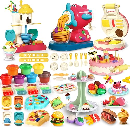 Juego de 77 piezas de masa de juego 4 en 1 para niños de 2 a 4 a 8 años, kit de herramientas de accesorios de masa, helado, máquina de hamburguesas