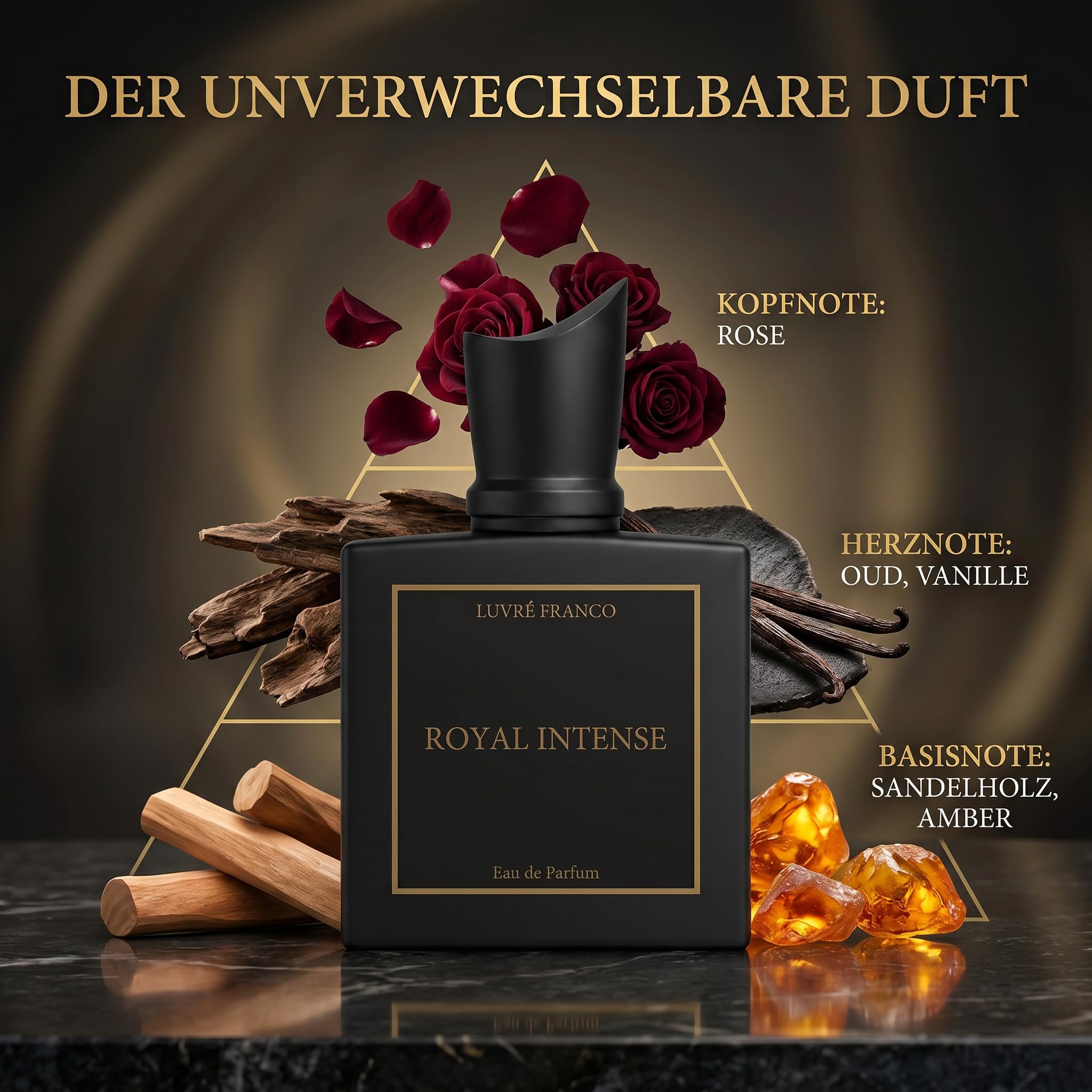 Royal Intense - Unisex Eau de Parfum - LUVRÉ FRANCO - mit Pheromonen - orientalischer edeler Duft - 50ml - sehr attraktiv und anziehend - königlich majestätisch - Oud, Rose, Vanille, Sandelholz