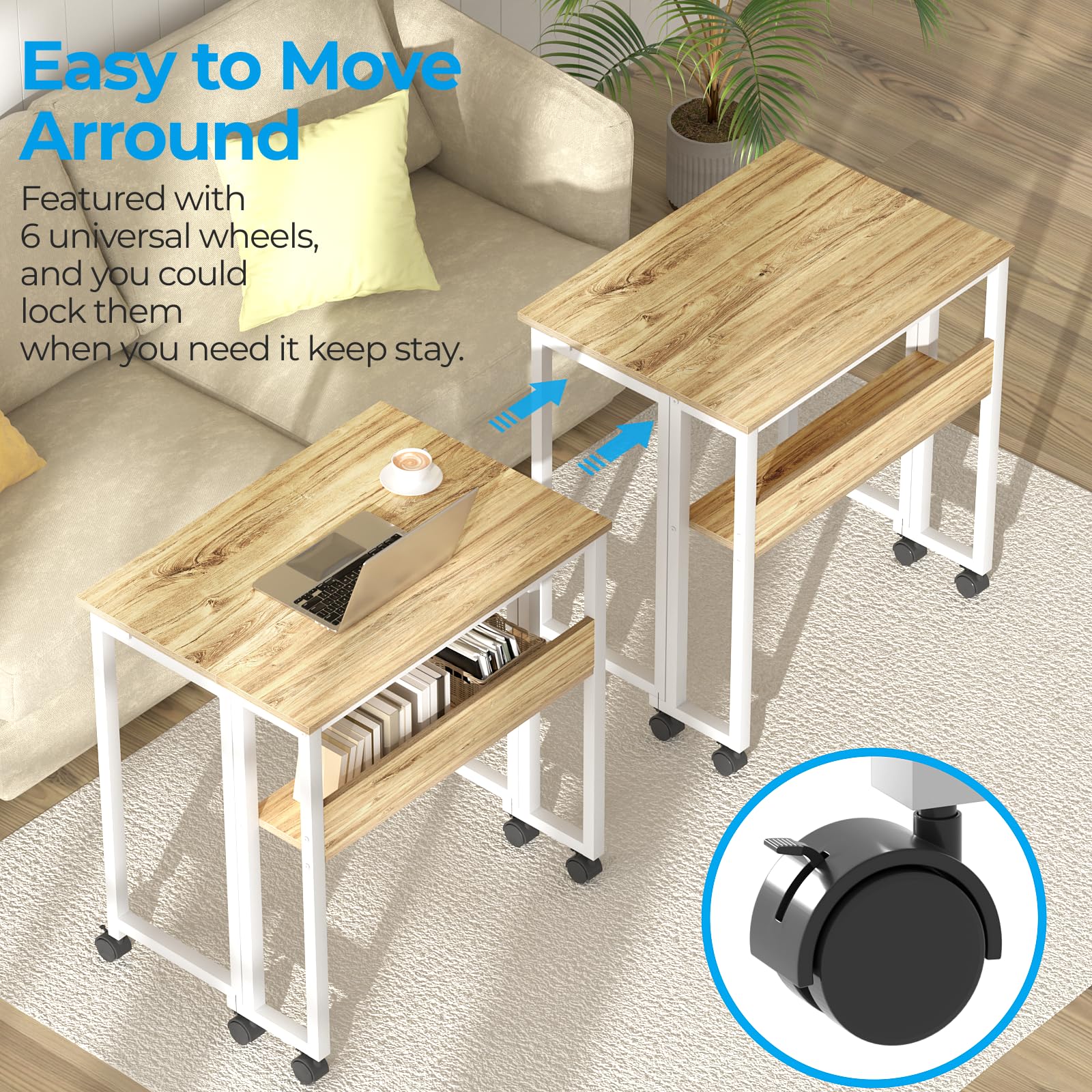 Escritorio plegable pequeño con estante de almacenamiento, escritorio plegable para computadora de 24.8 pulgadas con ruedas para espacio pequeño, fácil montaje, roble 3