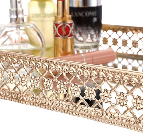 Miniatura 5 de ELLDOO Bandeja de perfume dorada bandeja de espejo bandeja de tocador de maquillaje, bandeja de joyería tallada hueca, bandeja de almacenamiento de