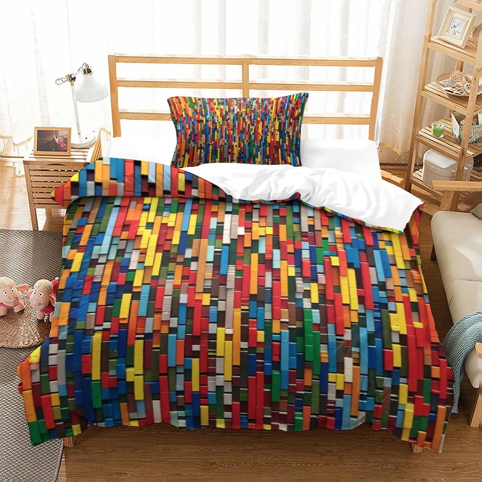 Parure de lit single motif blocs colorés 3D en microfibre