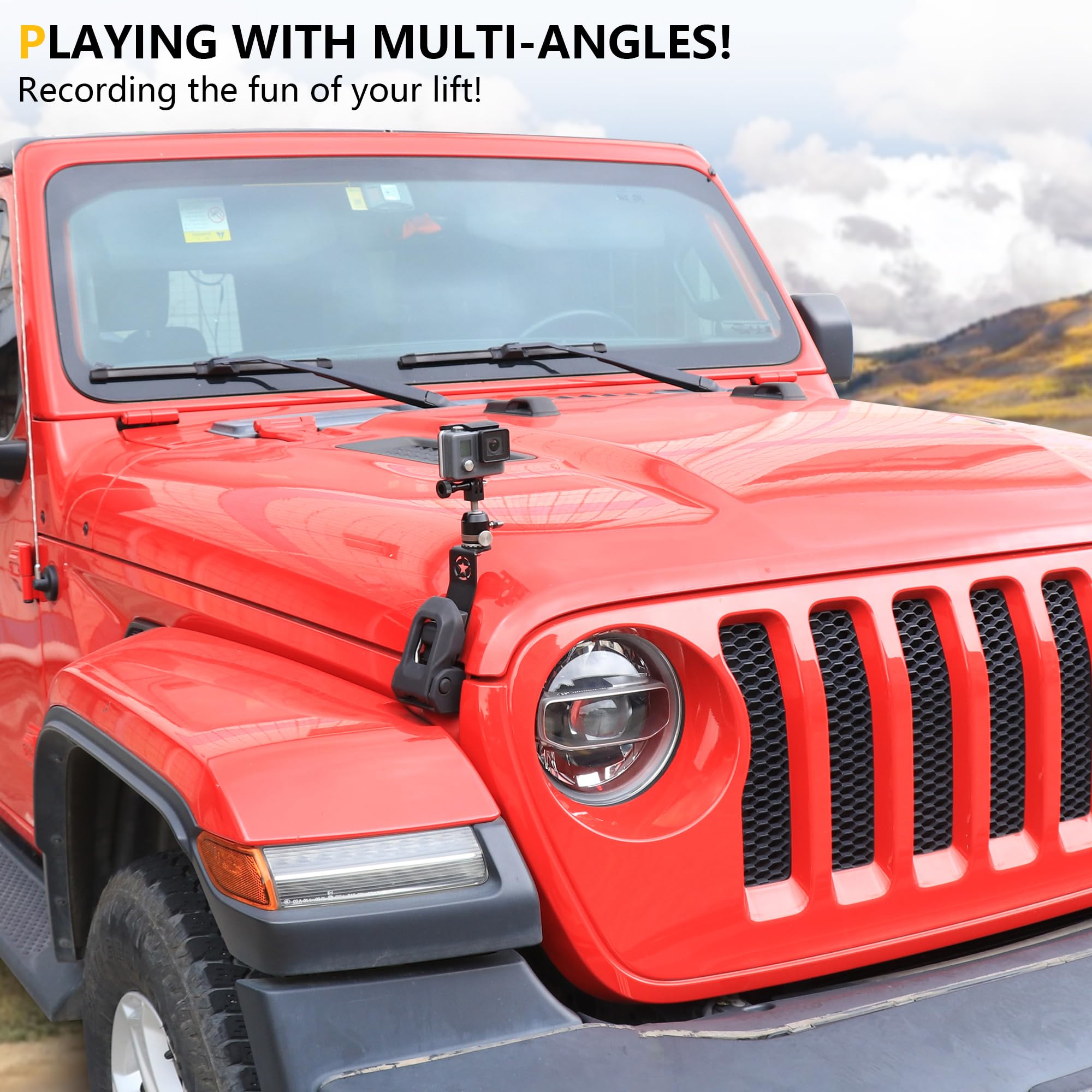 Soporte de montaje para cámara de acción GoPro para Jeep Wrangler JL 2/4 puertas 4XE Gladiator JT 2018-2025, accesorios para capó, soporte de montaje de pestillo ajustable de 360°, aluminio