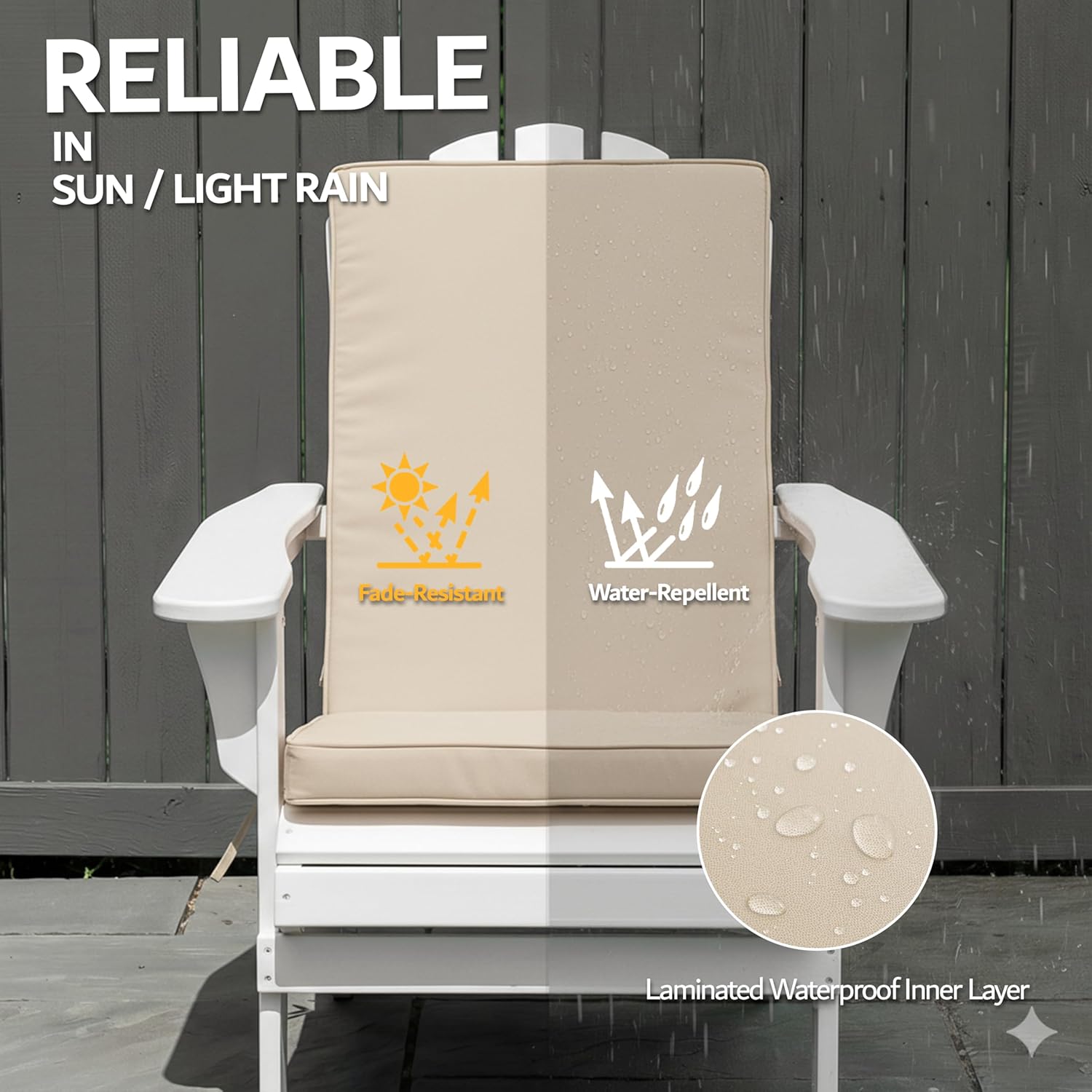 Outdoor Adirondack Chair Cushions Set of 4 - Removable Covers, Water-Repellent, Fade-Resistant, Non-Slip Bottom & Securing Straps, Universal Fit for Most Adirondack & Rocking Chairs - Cream