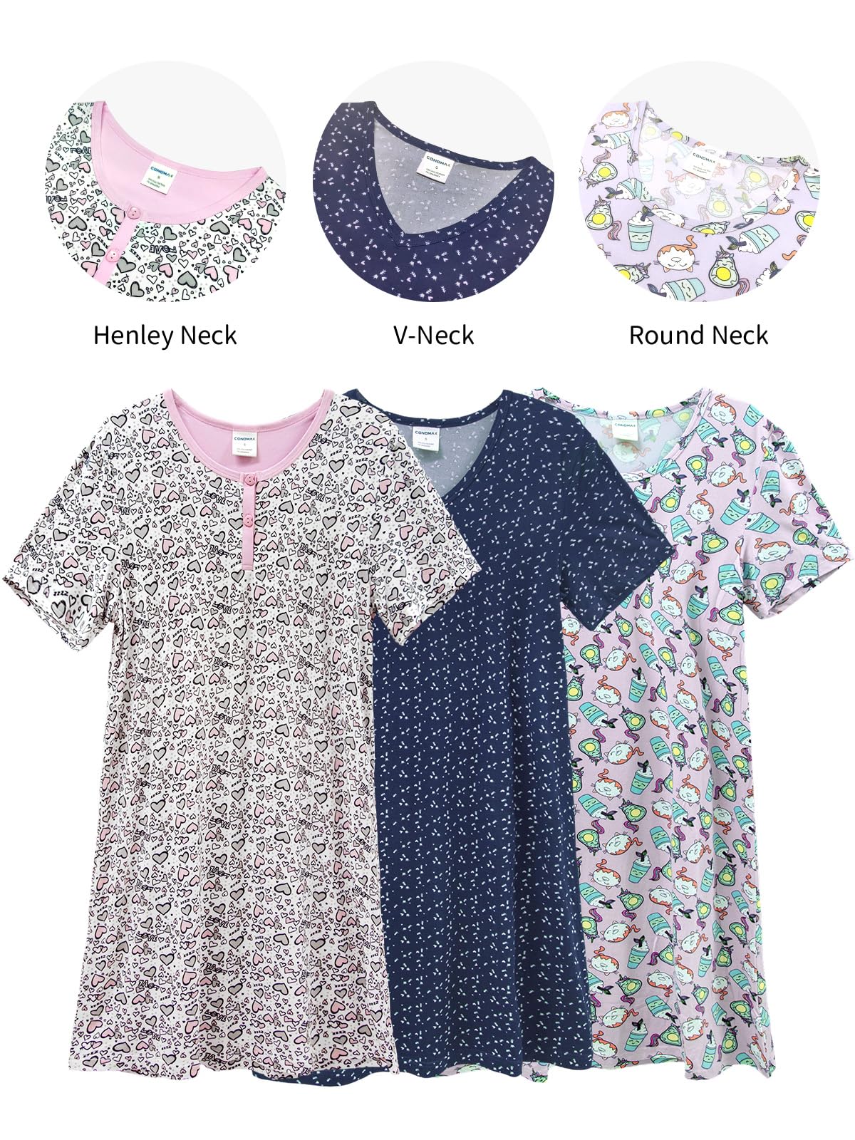 3 Pack Nightgowns for Women Short Sleeve Night Gown Soft Sleep Shirts Women's Sleepwear Print Sleep Dress