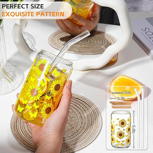 Miniatura 28 de DWTS DANWEITESI Vasos de vidrio con tapas y pajitas, 4 piezas, juego de vasos de 16 onzas para accesorios de barra de café, tazas de café helado