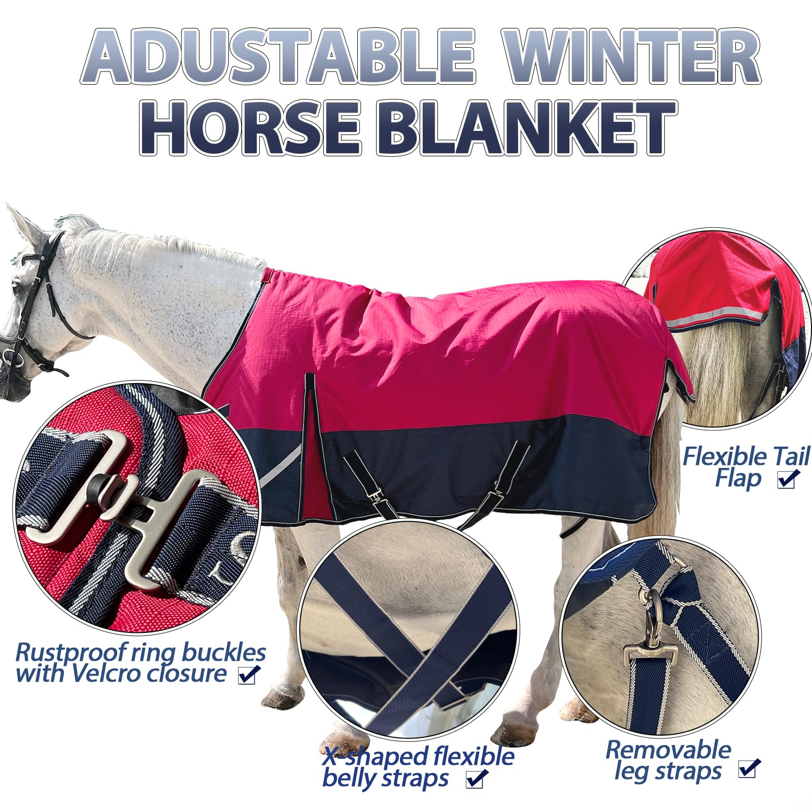 Coperta invernale impermeabile e traspirante per cavallo, 300 g, 1200 D, calda, con strisce riflettenti (rosso/blu, 203 cm)