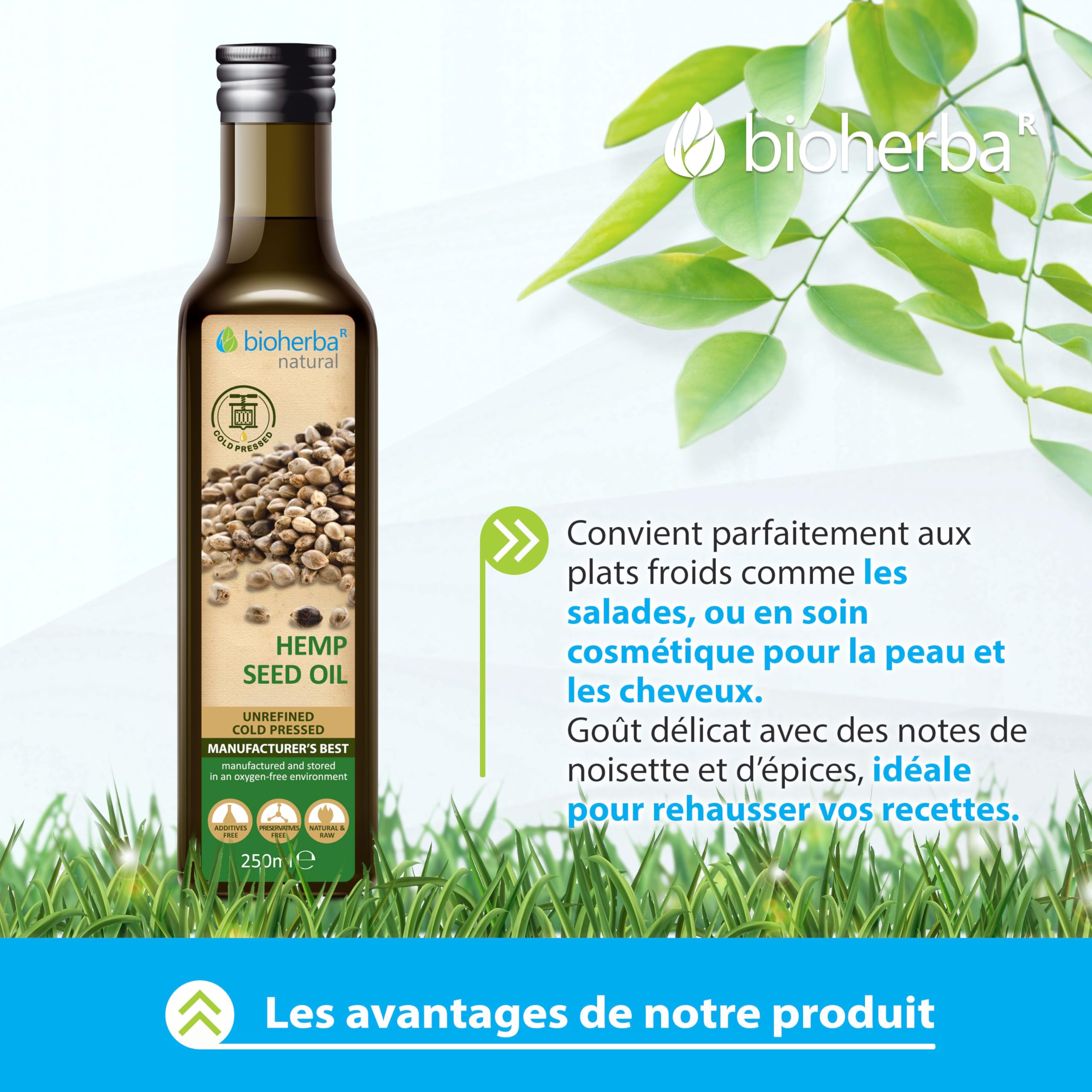 Huile de chanvre 250 ml – Huile végétale naturelle et pressée à froid | BIOHERBA